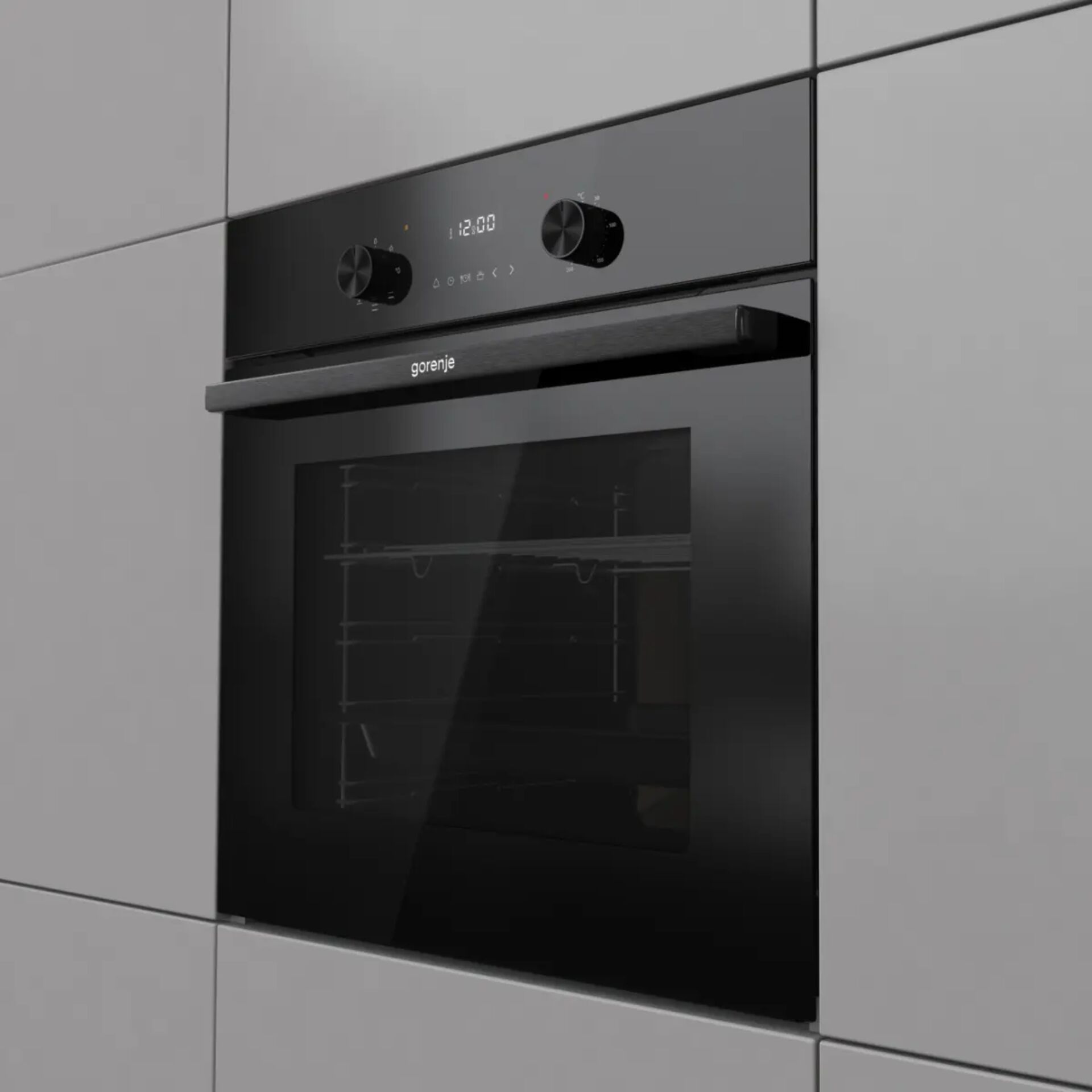 Gehobene Einbaubackofen, elektrischerBackofen, Sichtfenster, schwarzes Glas, Bedienknöpfe