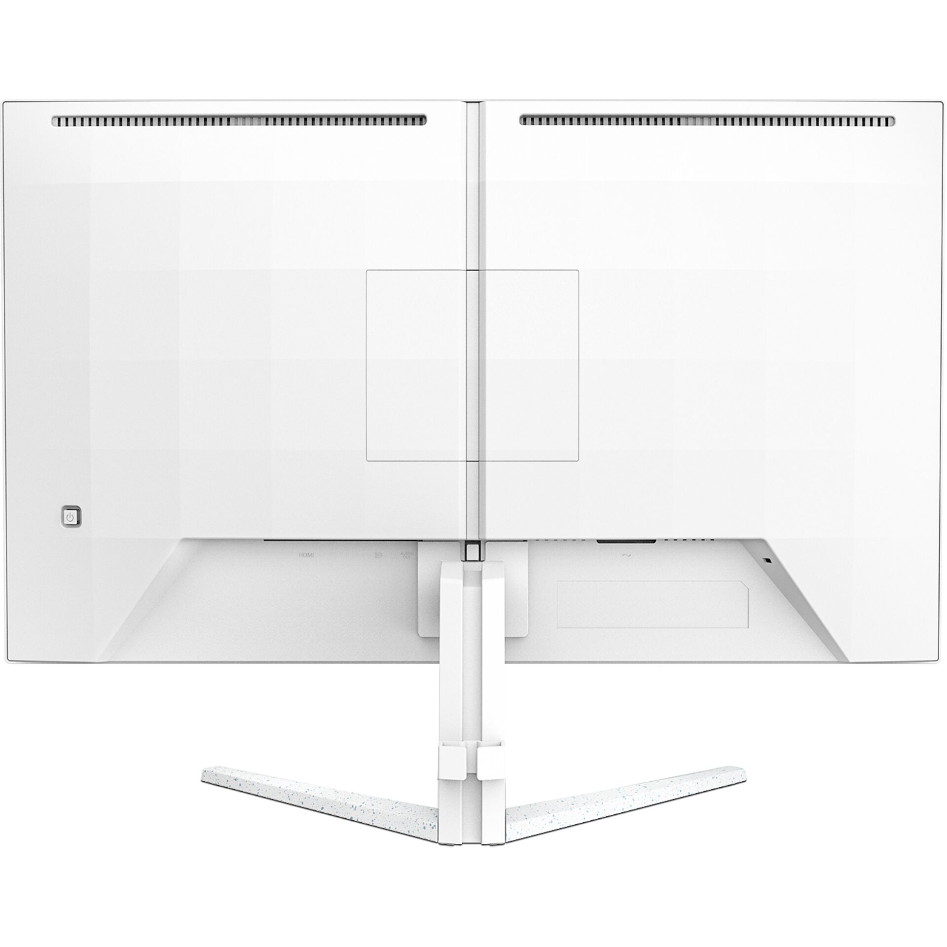 Computer-Monitor, weiße Rückseite, Lüftungsschlitze, Standfuß, flaches Display