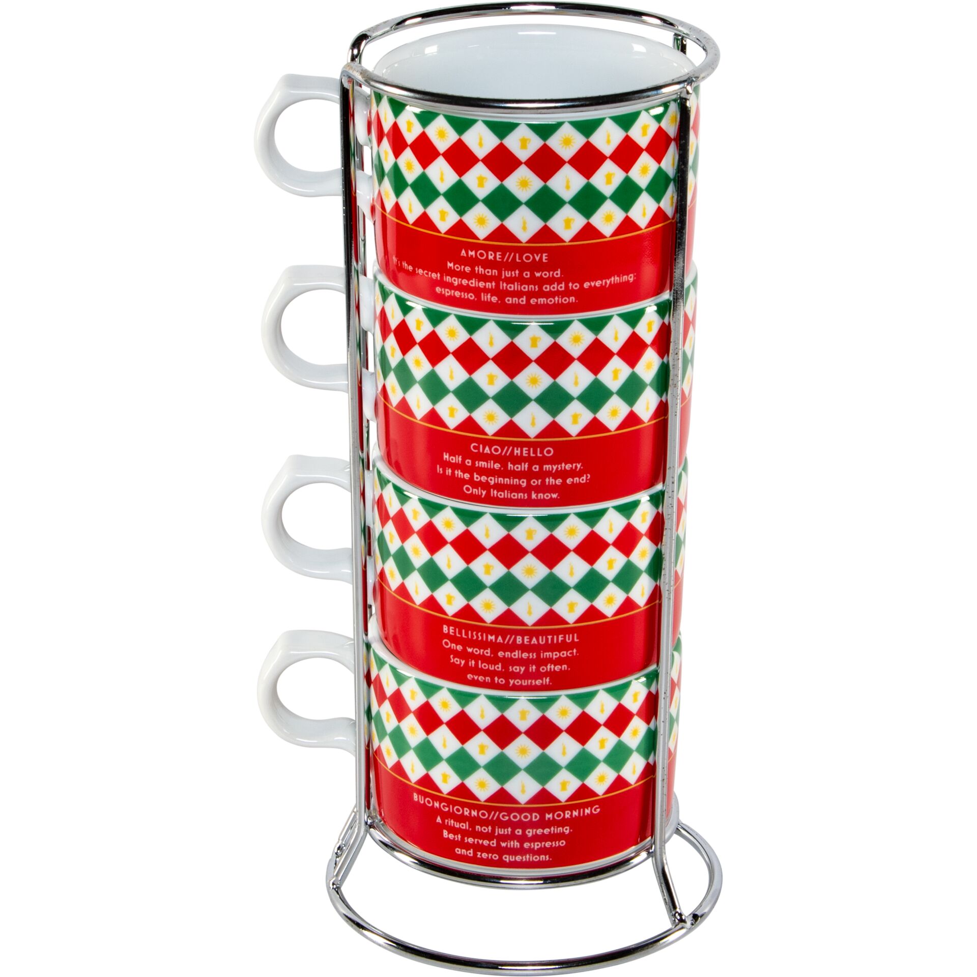 Kaffeetassen-Set, Stapelbare Tassen, Mehrfarbiges Muster, Roter Druck, Chromrahmen