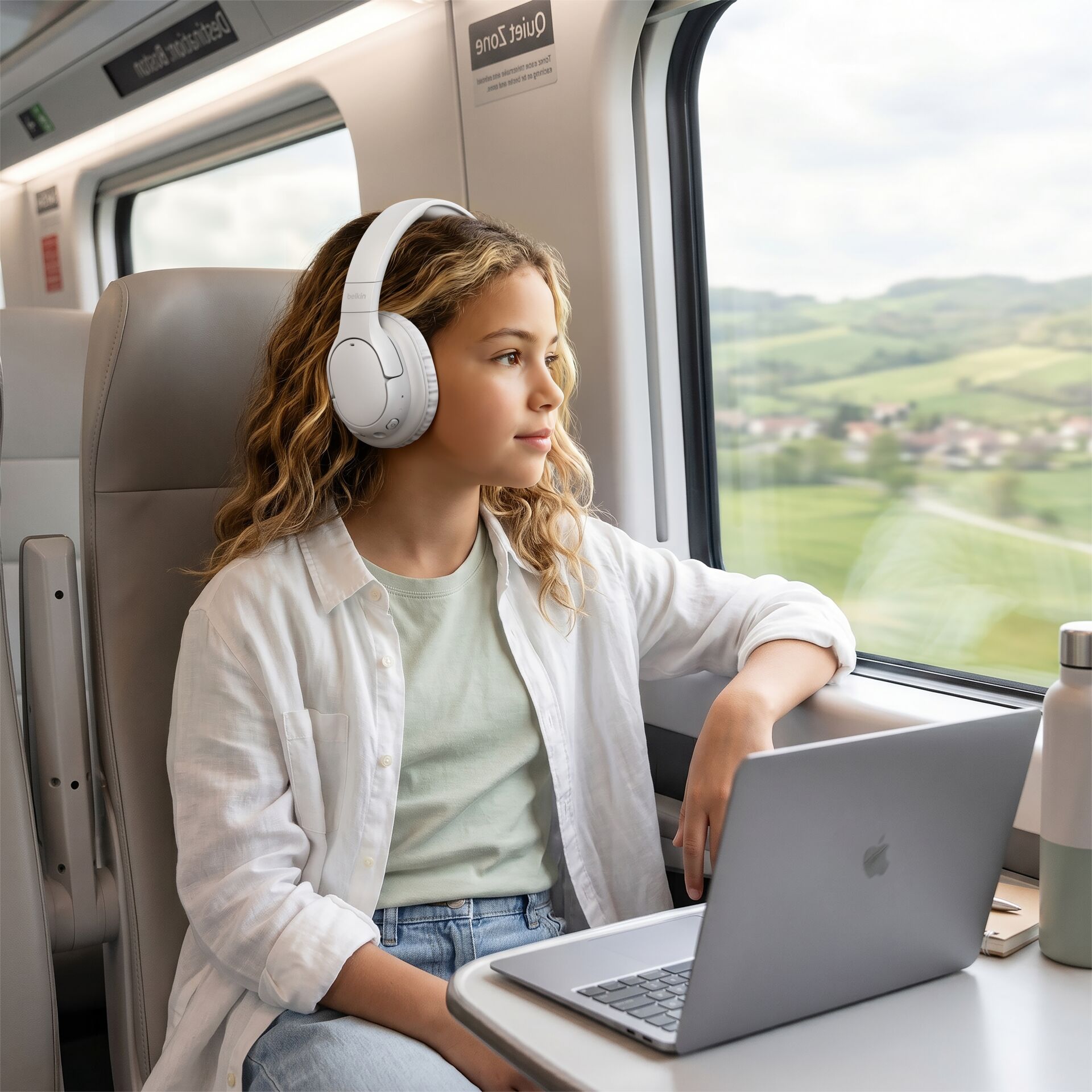 Over-Ear Headphones, Wireless headphones, White headphones, Laptop, Train interior