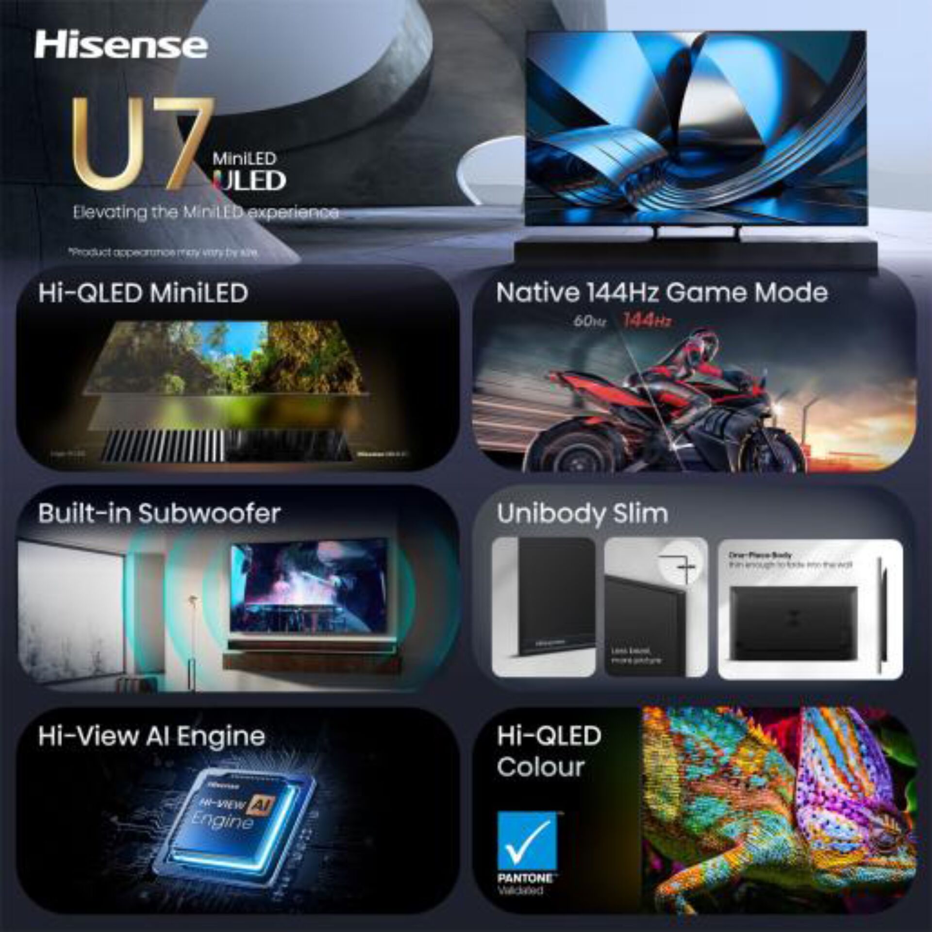U7 MiniLED, Hi-QLED, Built-in subwoofer, Unibody slim, Hi-View AI Engine