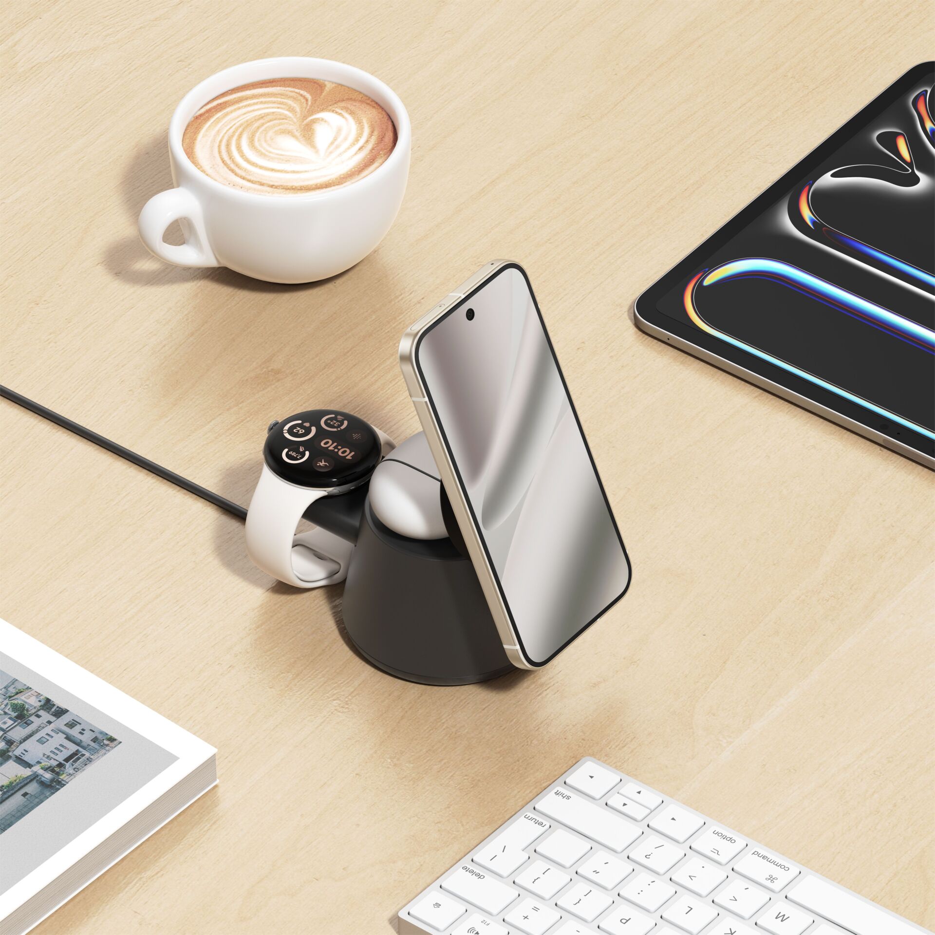 Smartphone-Halter, Drahtloses-Ladegerät, iPhone, Kaffeetasse, Schreibtisch-Setup