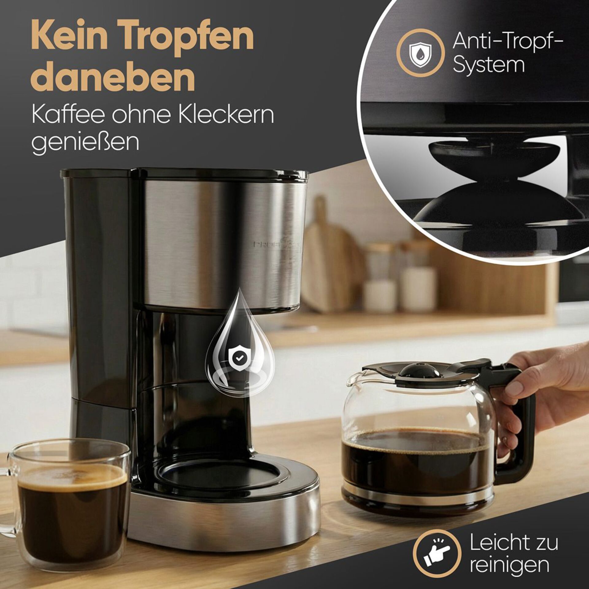 Kaffeemaschine, Filterkaffeemaschine, Glas-Kanne, Stahl, Anti-Tropf-System