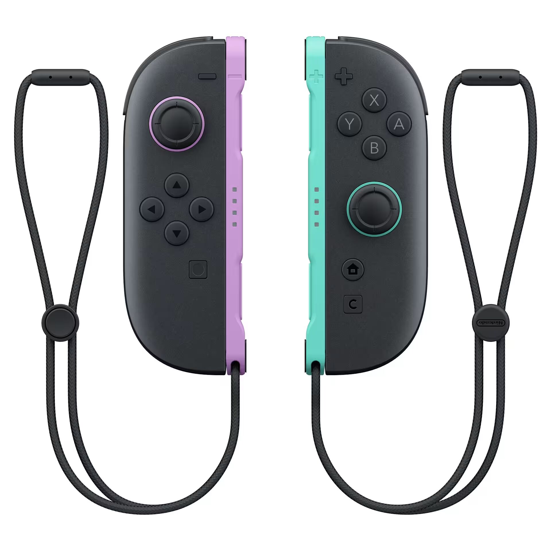 Spielcontroller, Joy-Con-Controller, schwarz, lila und türkis, Handgelenkschlaufen