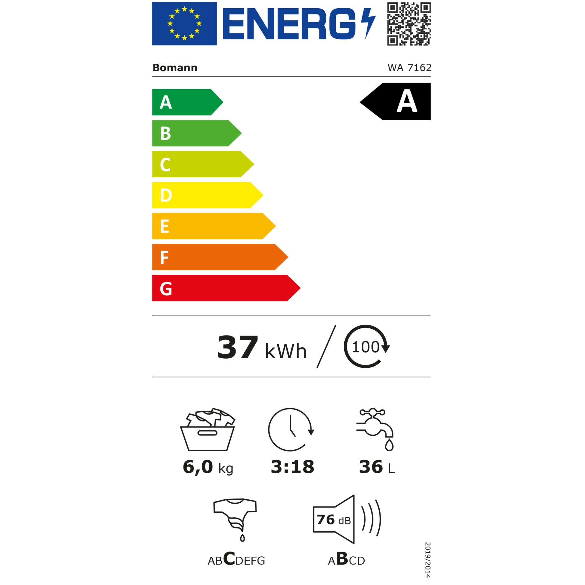 Bomann WA 7162   weiß   6 kg  Waschmaschine – Energieeffizienzklasse A