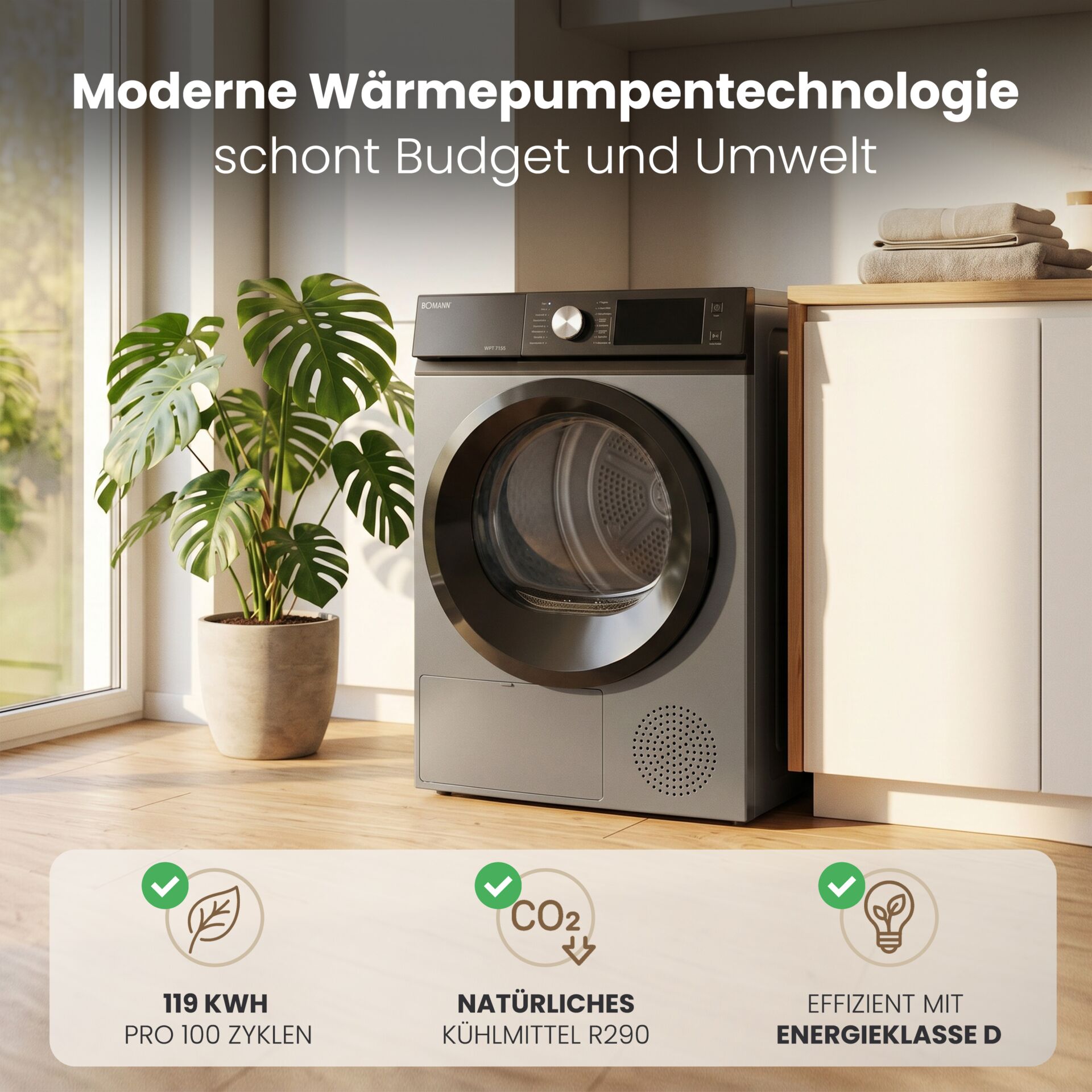 Wärmepumpentrockner, Frontlader, Anthrazit, Bullauge, Energieklasse D