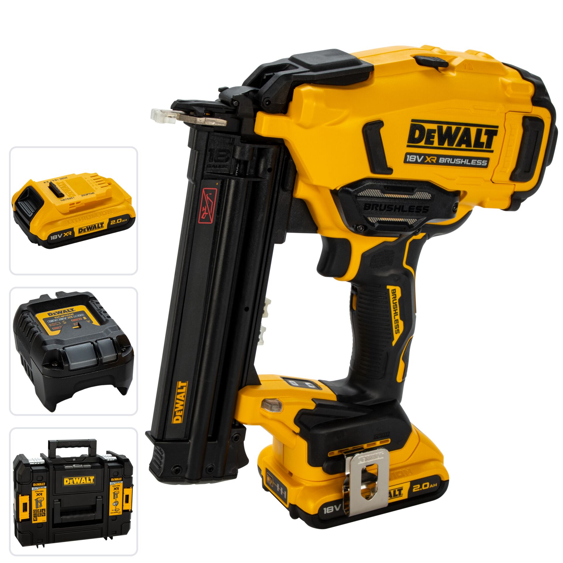 Akku-Bohrschrauber, Schrauber mit Akku, DeWalt Werkzeugset, Kraftwerkzeug, XR Brushless, Akku-Nagler, 18-Volt, gelb-schwarz, Magazinnagler, bürstenloser Motor