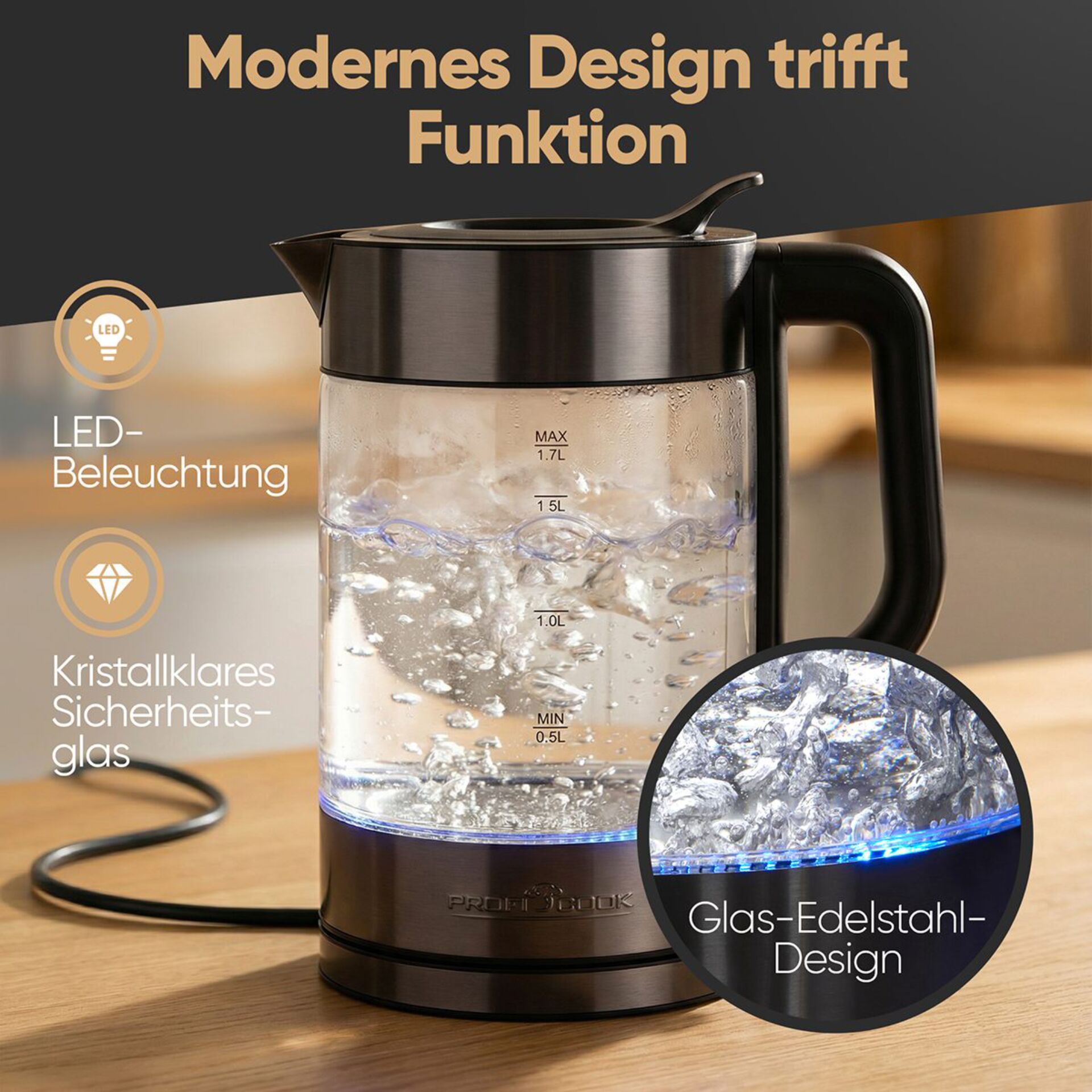 Wasserkocher, Glas, Klarglas, LED-Beleuchtung, Kannen-Design