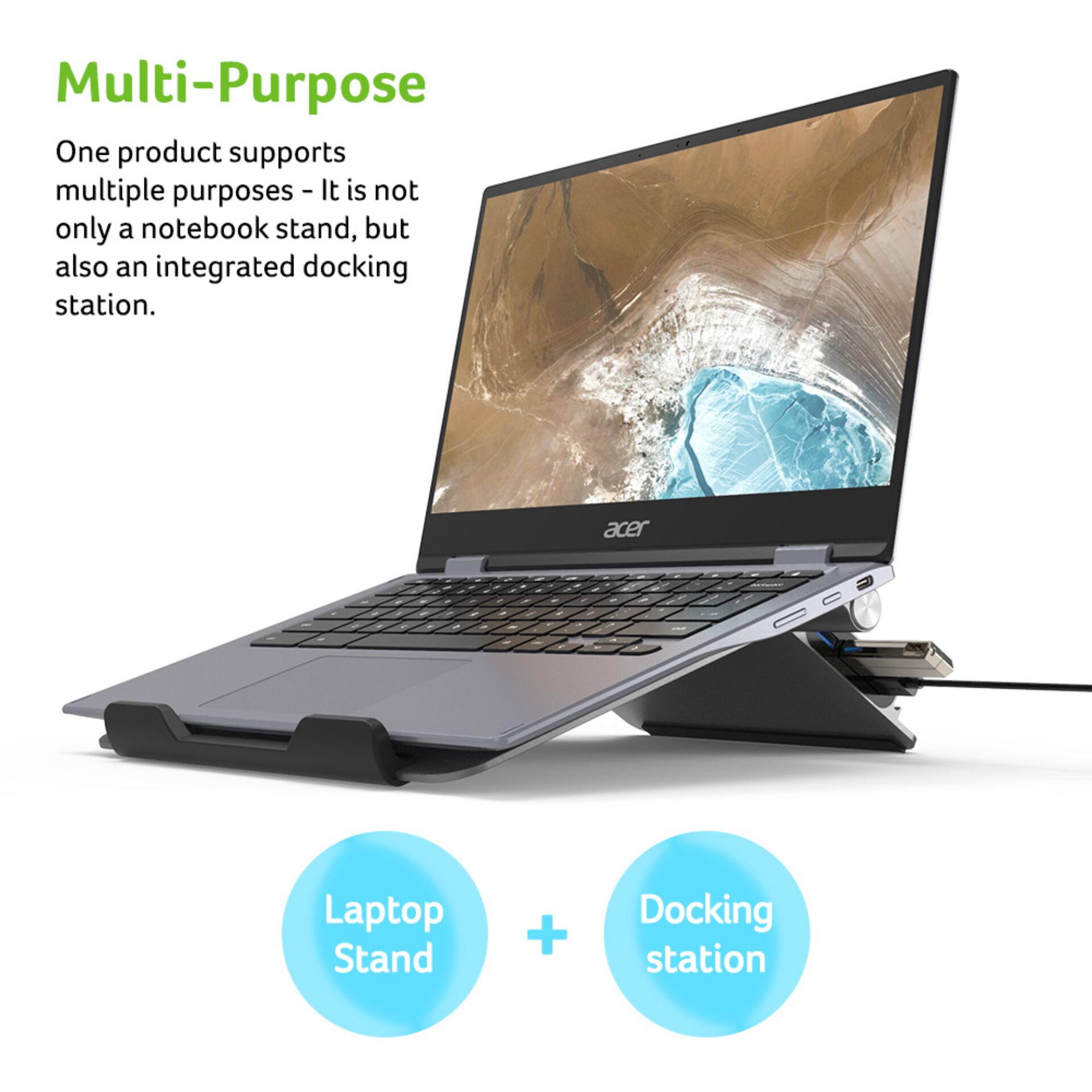 Laptop-Ständer, Docking-Station, verstellbarer Ständer, USB-C, Metallgrau