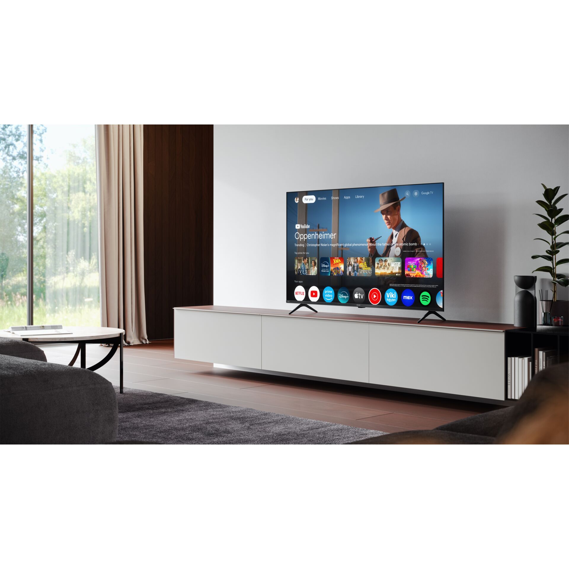Flachbildfernseher, Fernsehgerät, Wohnzimmer, Streaming-Apps, moderne Dekoration