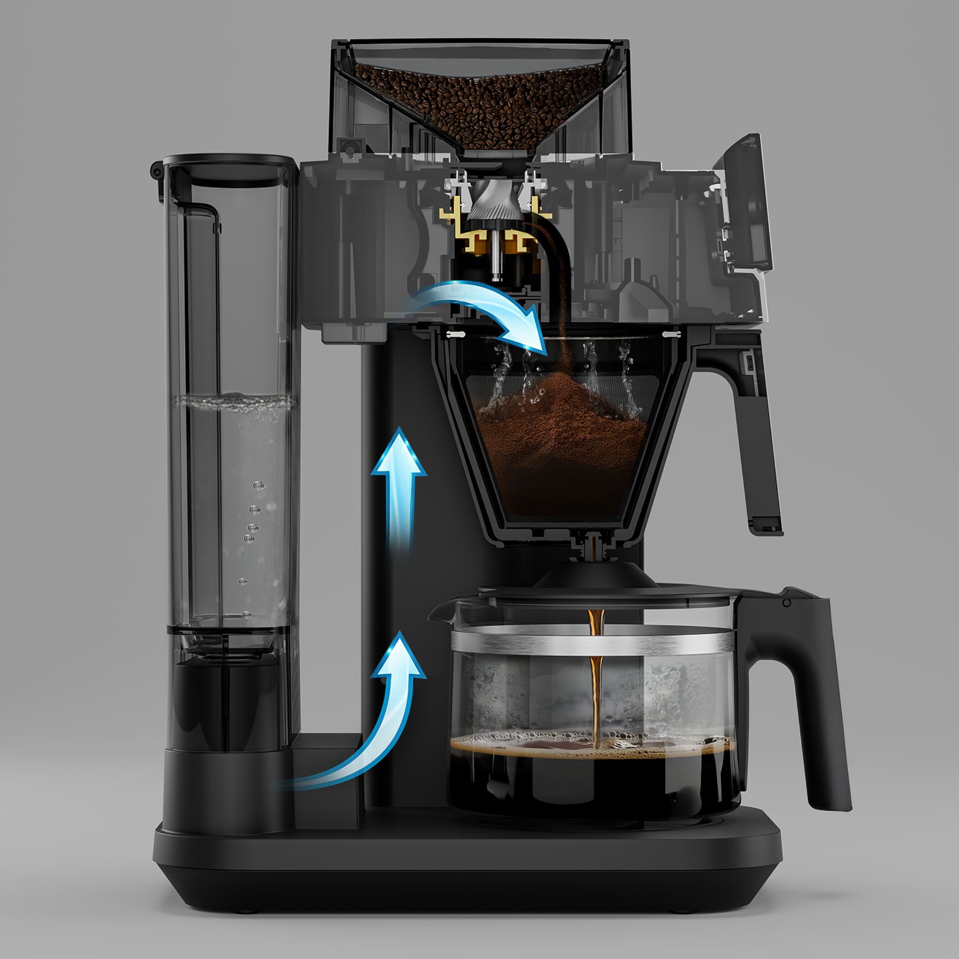 Filterkaffeemaschine, Kaffeemühle, Glaskanne, Wassertank, schwarz