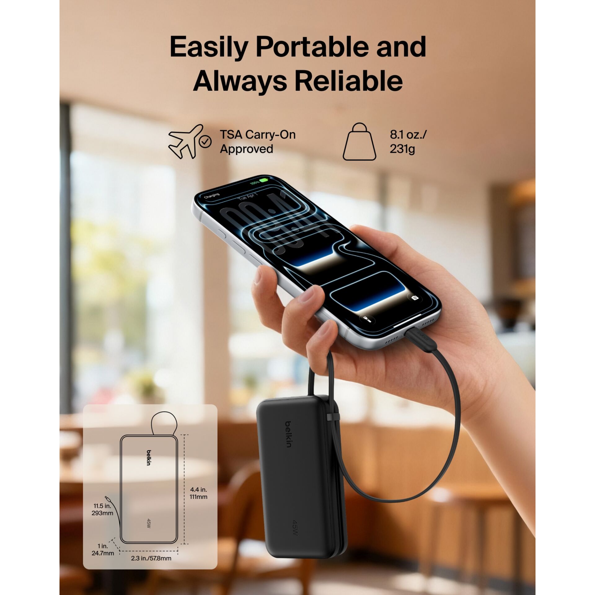Powerbank, Tragbare Ladequelle, USB-C, Geldbörse, Karabiner
