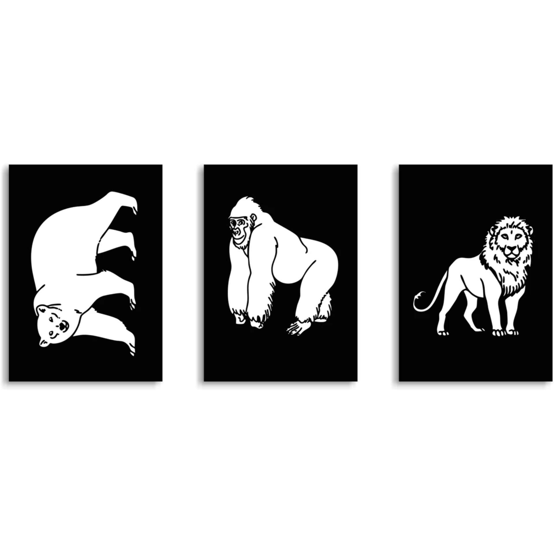 Tierbild, Tiermuster, Schwarz-Weiß, Afrikanische Tiere, Gorilla/Leopard/Löwe