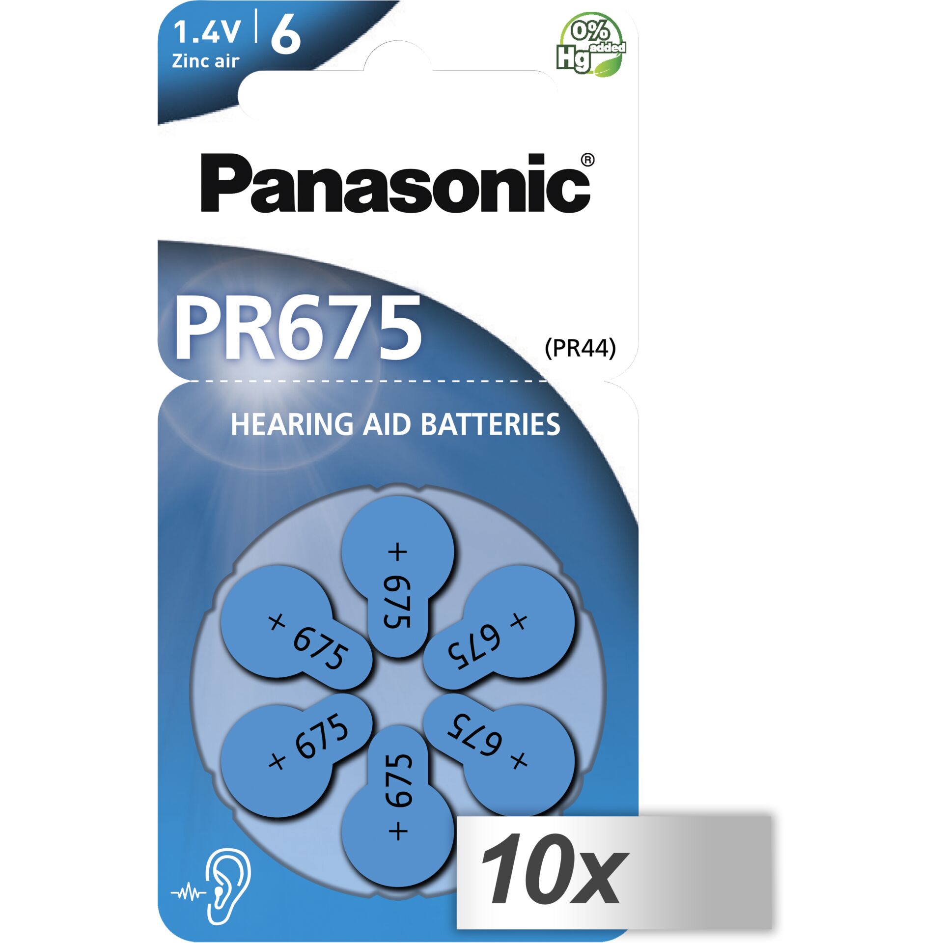 10x1 Panasonic PR 675 Hörgeräte  Zellen Zinc Air 6er Rad