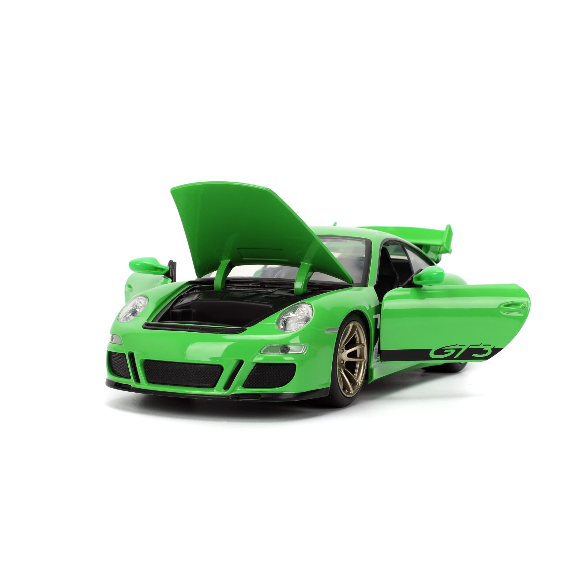 Model car, Green color, Open doors, Hood open, Sports car