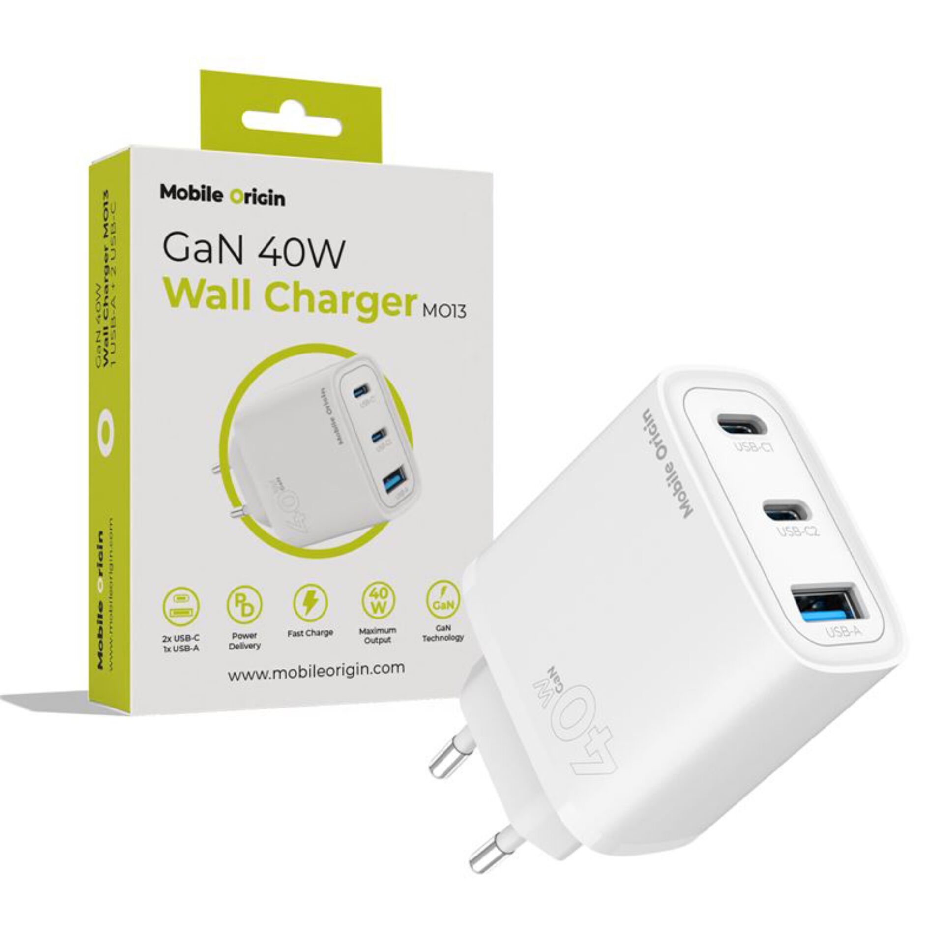 Mobile Origin 40W GaN Charger  MO13 white 1x USB-A + 2x USB-C