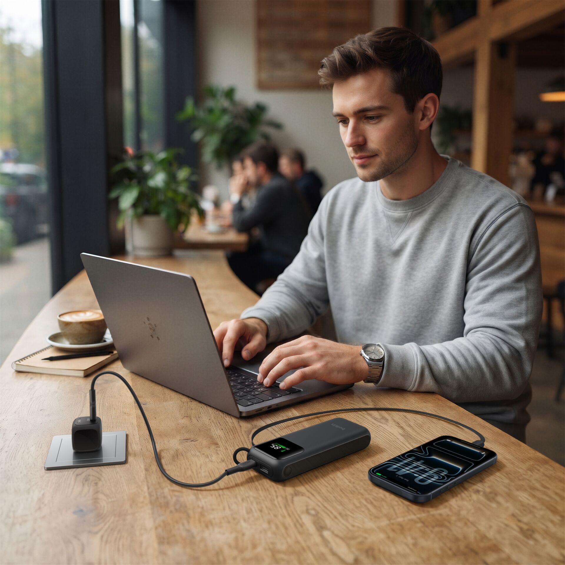 laptop, Laptop-Setup, Arbeitsplatz, Uhr, Powerbank