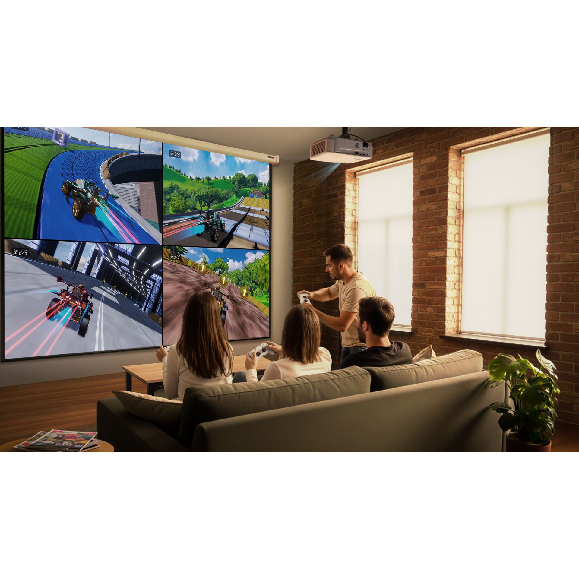 Gaming, Wohnzimmer, Video-Wand, Controller, Rasendes Spiel