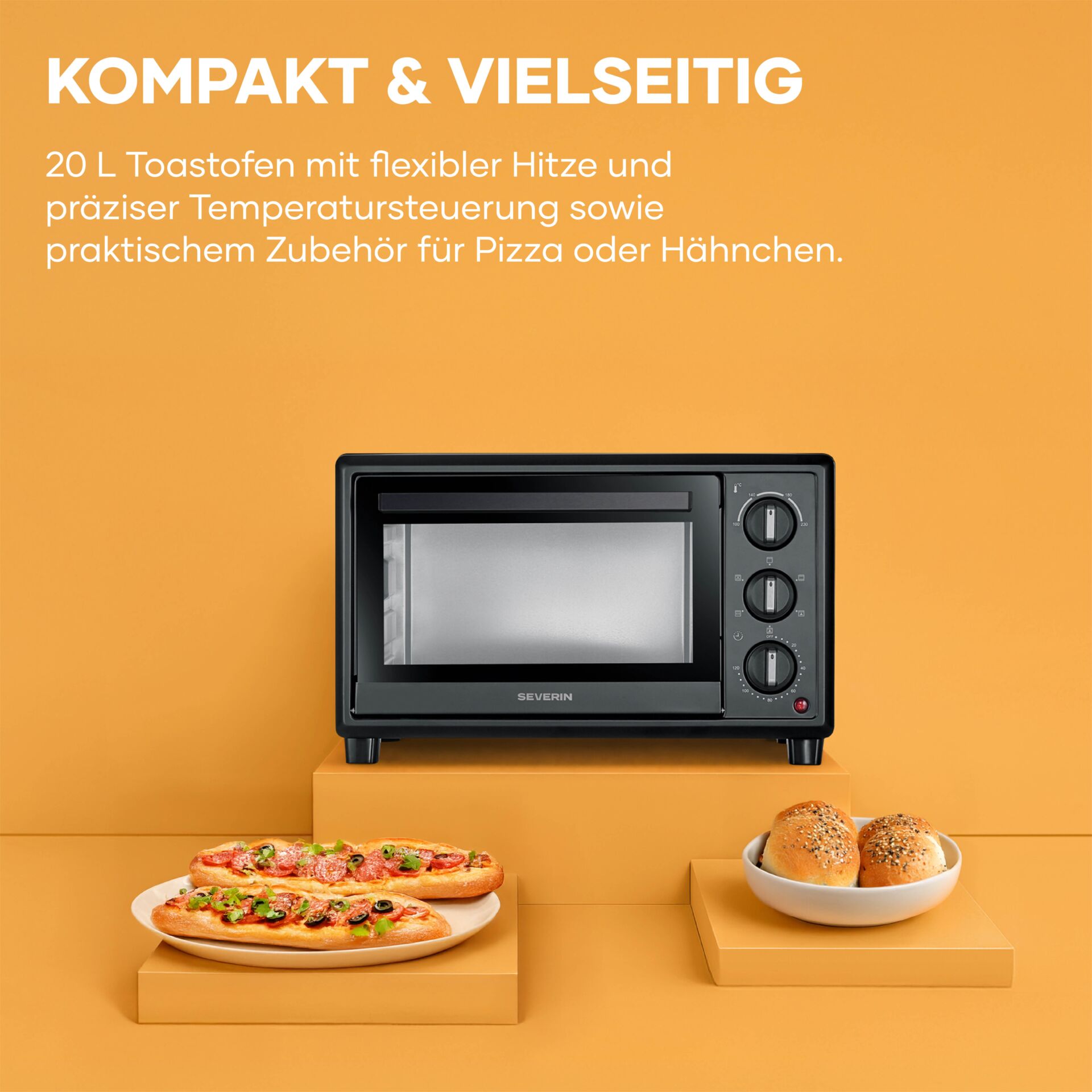 Toaster-Ofen, Schwarz, Manueller Drehknopf, Kompakt, Pizza Zubehör