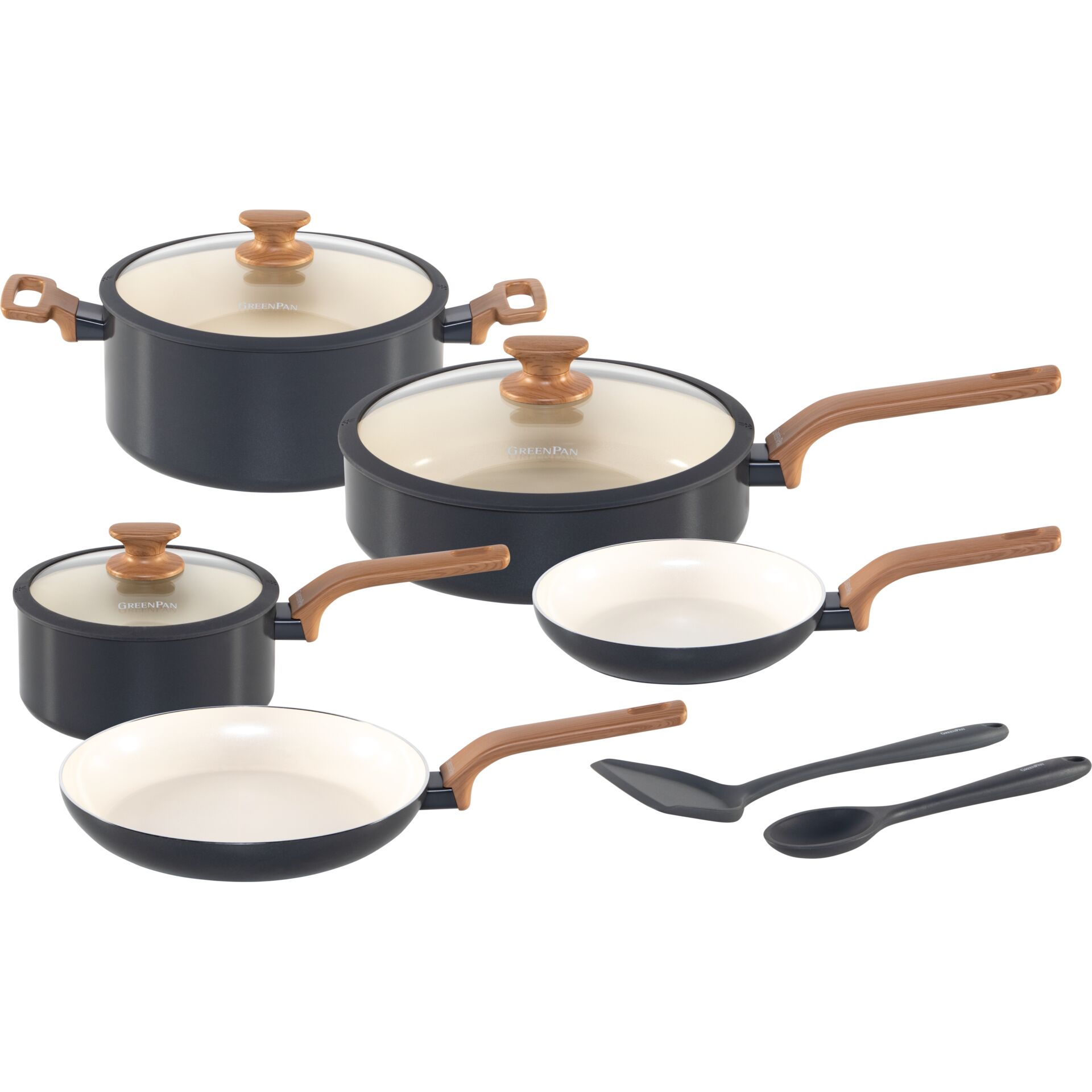 Kochgeschirr-Set, Töpfe, Pfannen, Glasdeckel, Holzgriffe