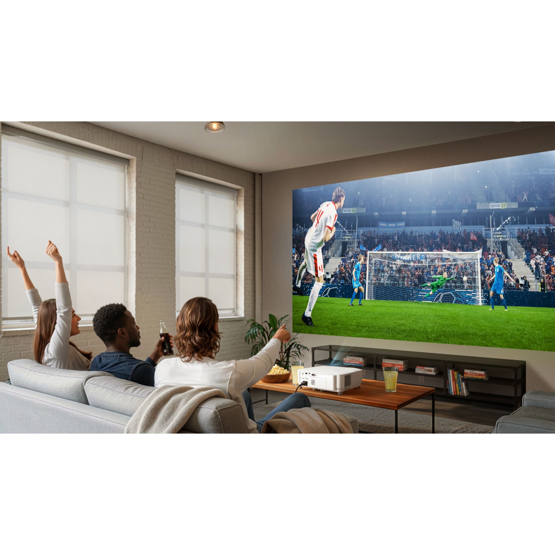 Fernseher, Wohnzimmer, Beamer, Bildschirm, Fußball
