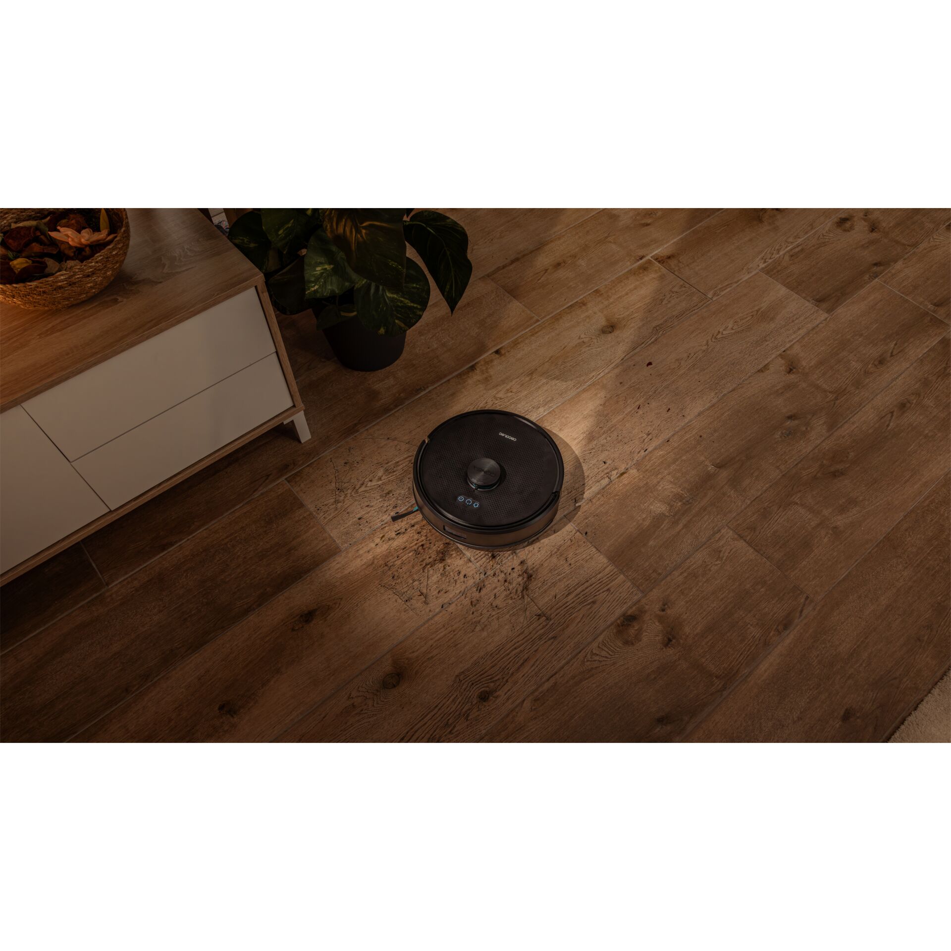 Roboter-Staubsauger, Saugroboter, Holzboden, Schwarz, Staubbehälter