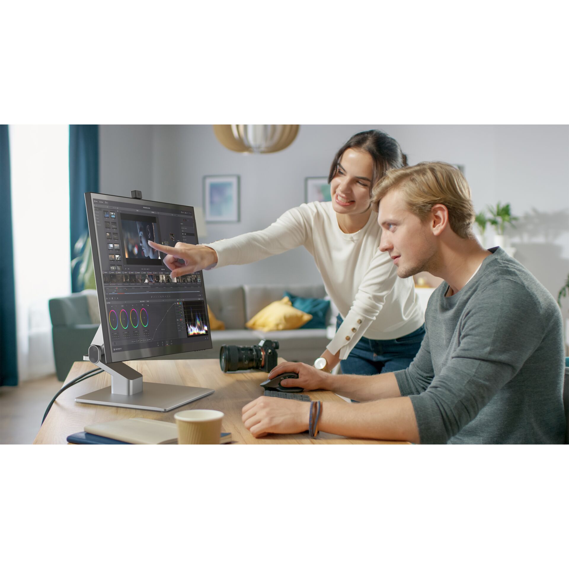 Monitor, Computer, Videoediting, Schreibtischsetup, Kamera