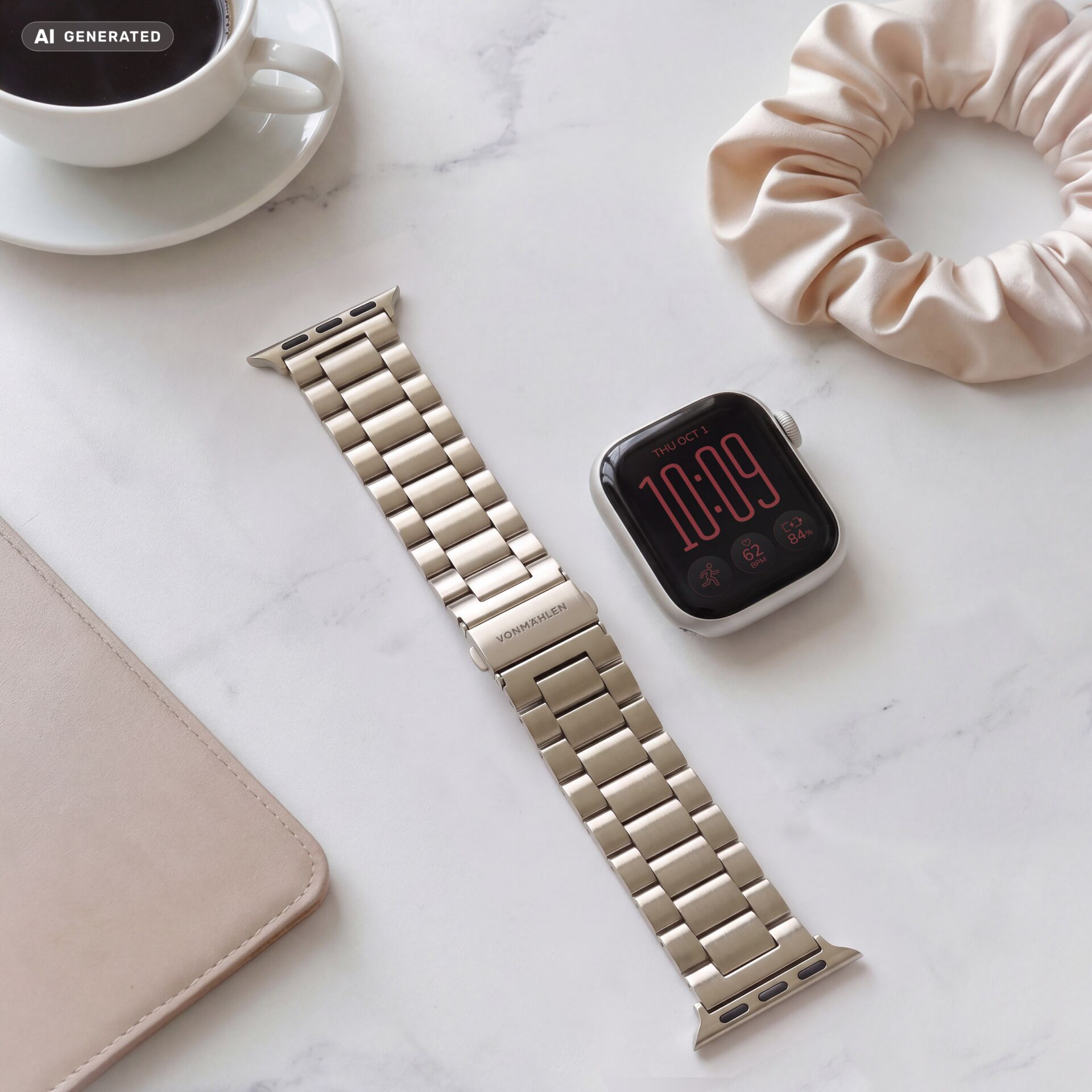 Smartwatch-Armband, Metallarmband, Edelstahl, Champagnerfarben, Gliederarmband