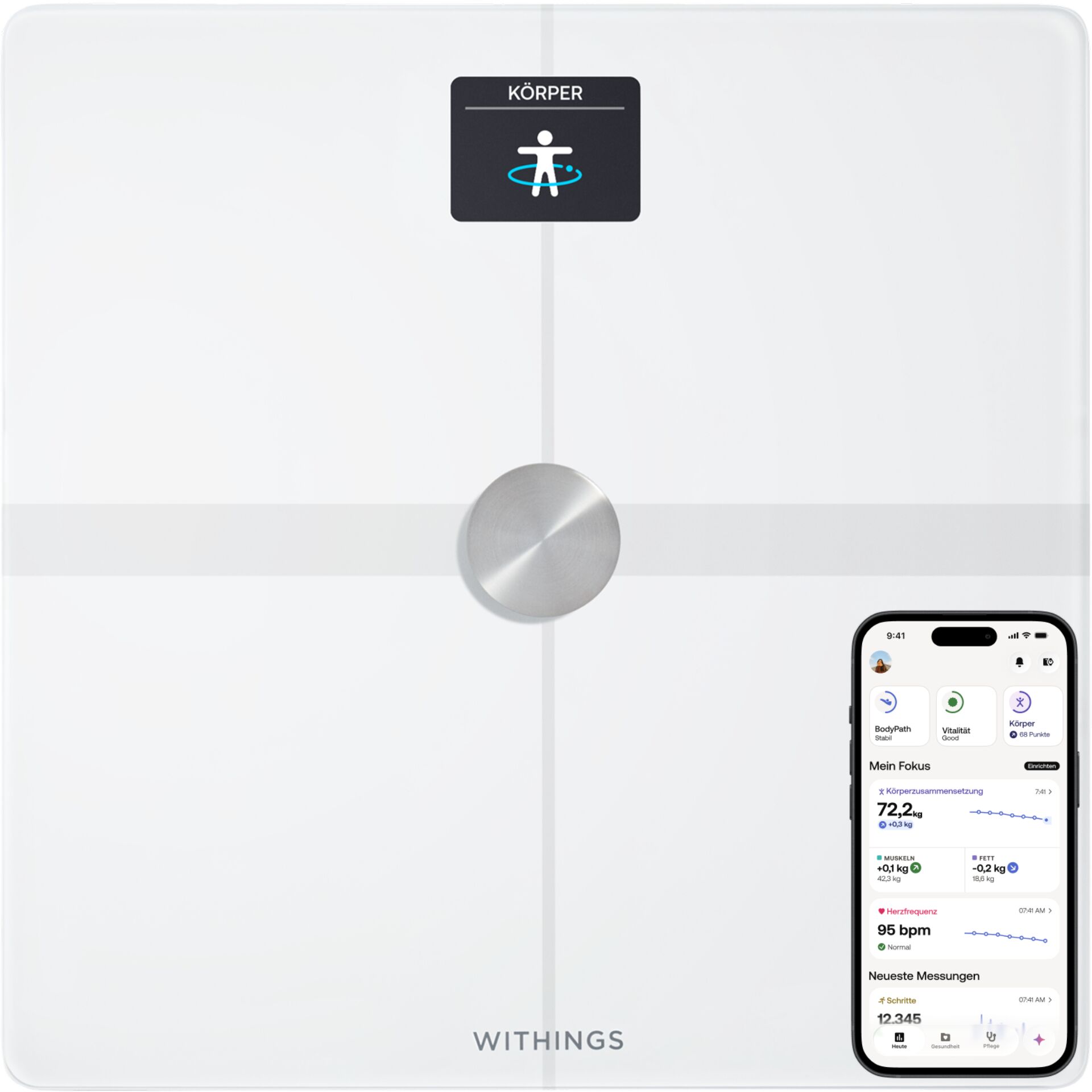 Elektronik, Handy, Telefon, Körperwaage, Digitale Waage, Smart Scale, Glänzende Oberfläche, Rundes Gewichtssensor