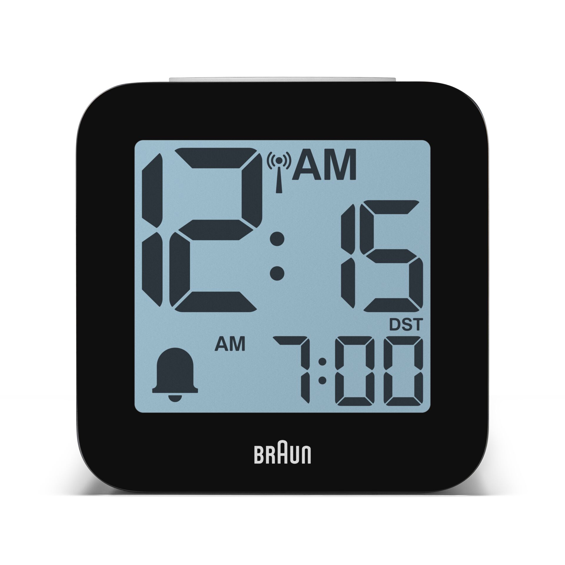 digital clock, alarm clock, square clock, black frame, Braun brand