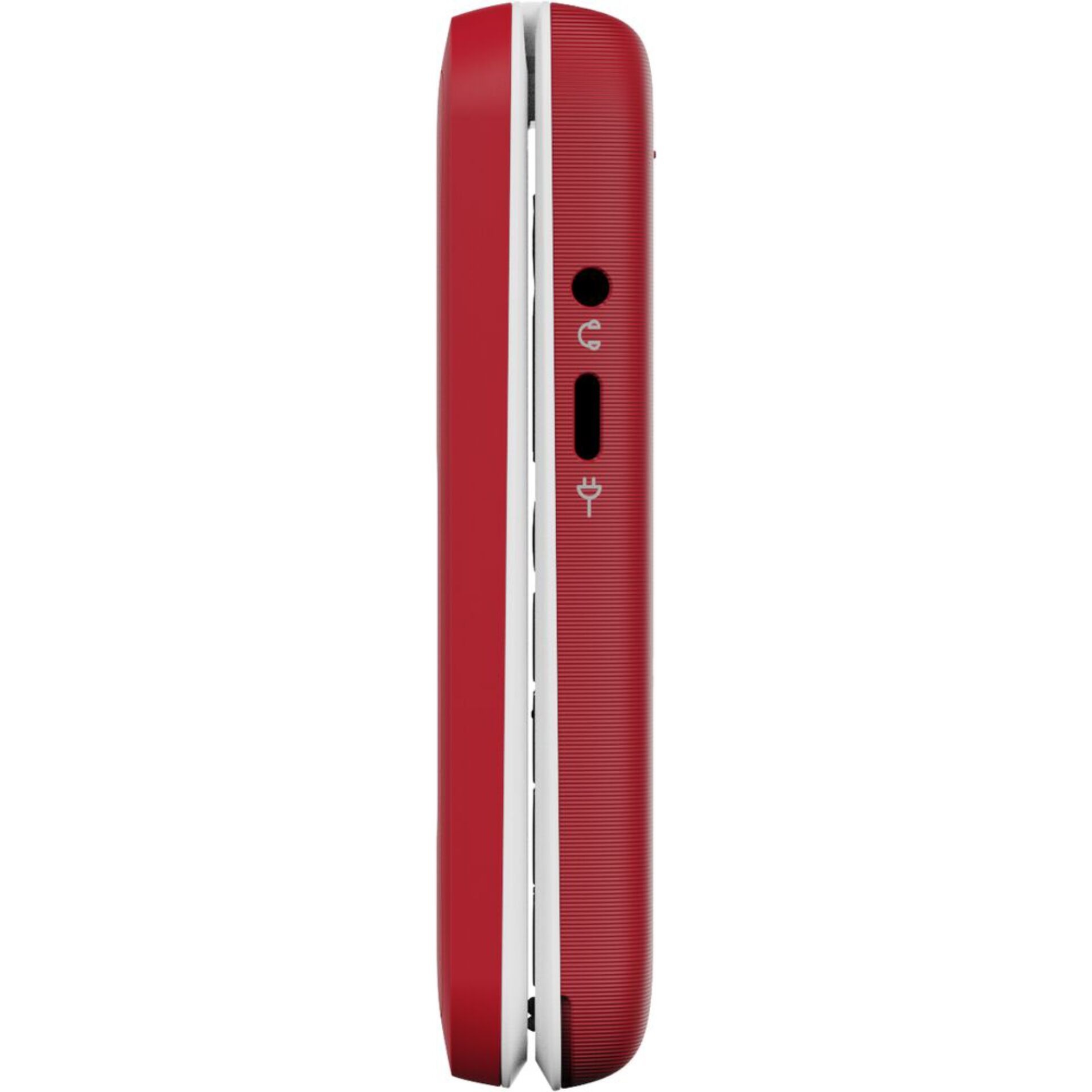 Rotes Telefon, Seitliche Ansicht, Lautstärkentasten, Kopfhörerbuchse, USB-C-Anschluss