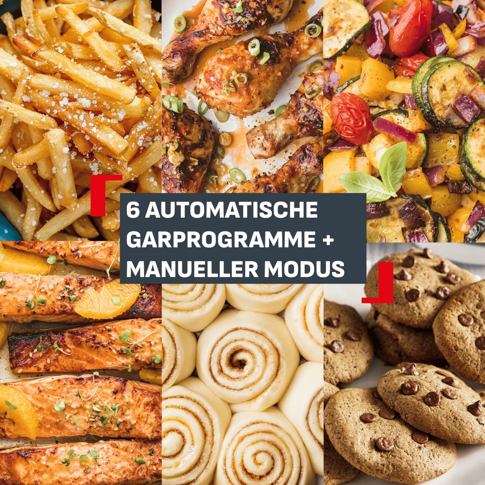 Pommes frites, Hähnchenflügel, Gemüsepfanne, Zimtschnecken, Cookies