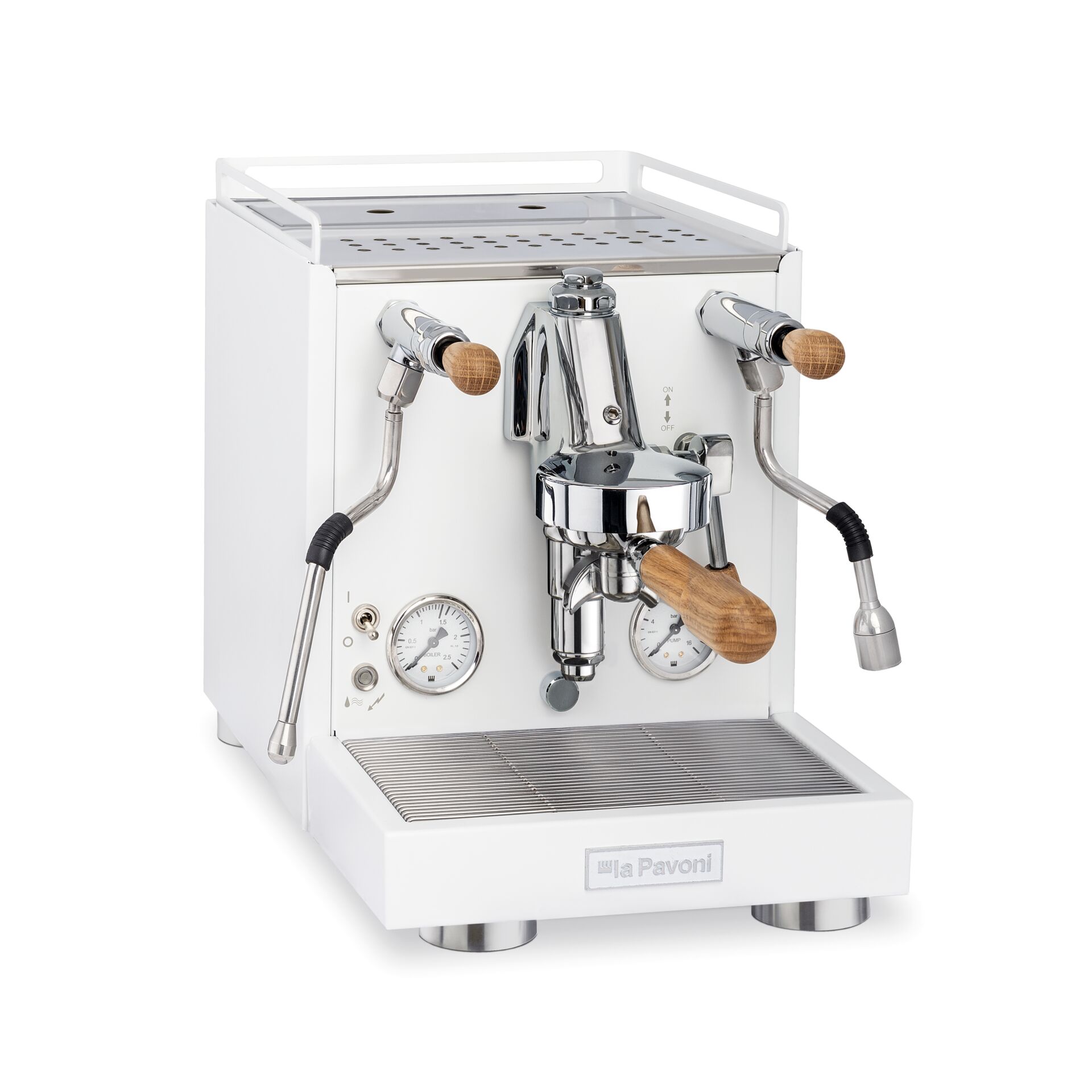 Espresso machine, Pro espresso machine, Chromedetail, Dampf Auslauf, Holzgriffe