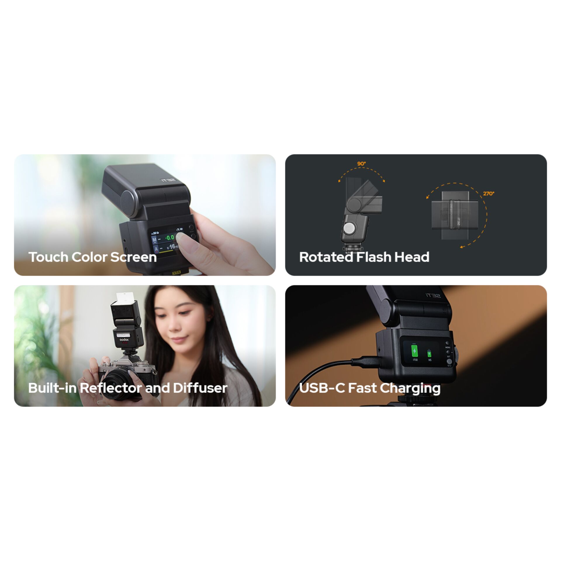 Touchscreen, Rotated head, Integrierter Reflektor, Diffusor, USB-C-Ladung
