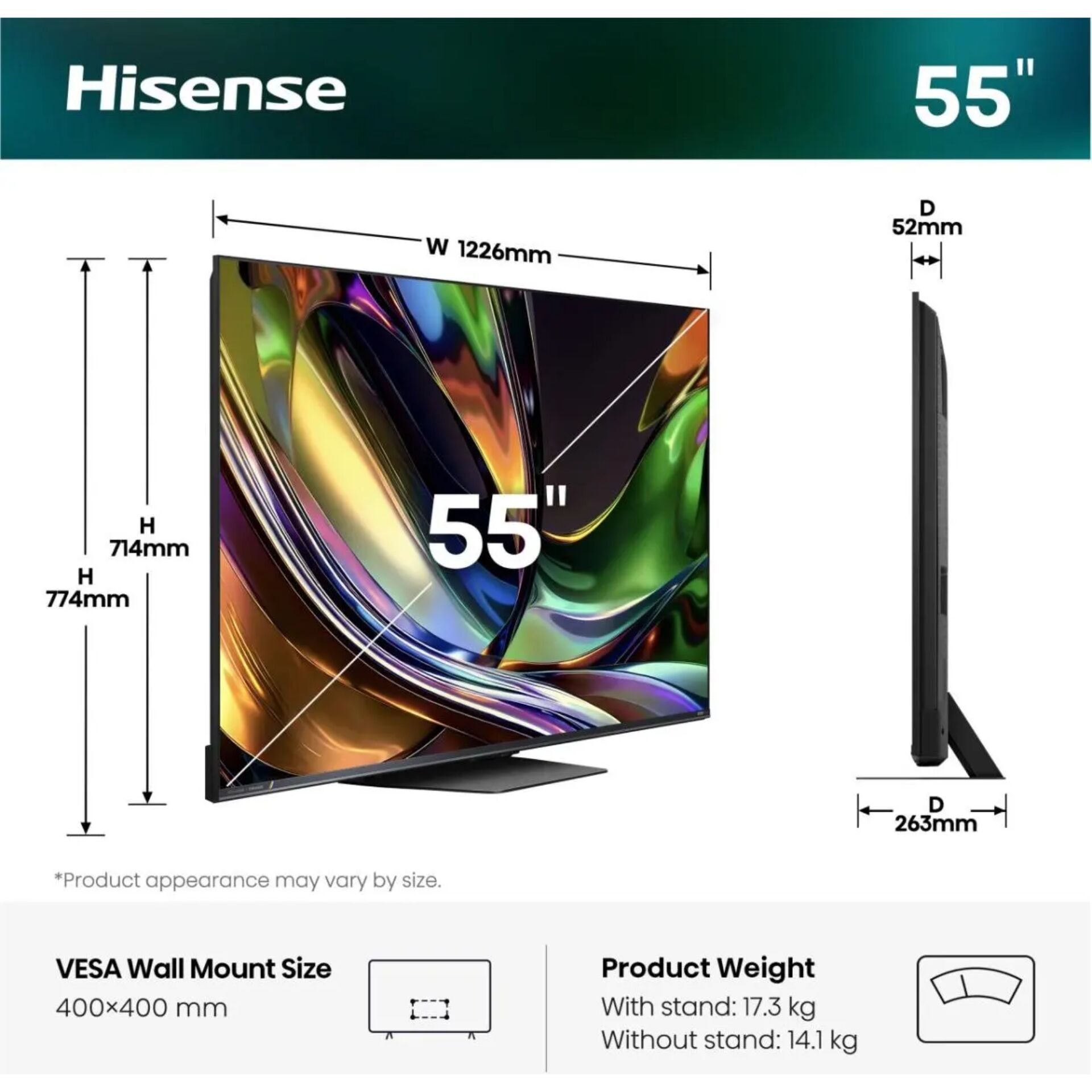 55 Zoll, LED-Fernseher, Flachbildschirm, VESA-Wandhalterung, Gewichtsklasse 17,3 kg