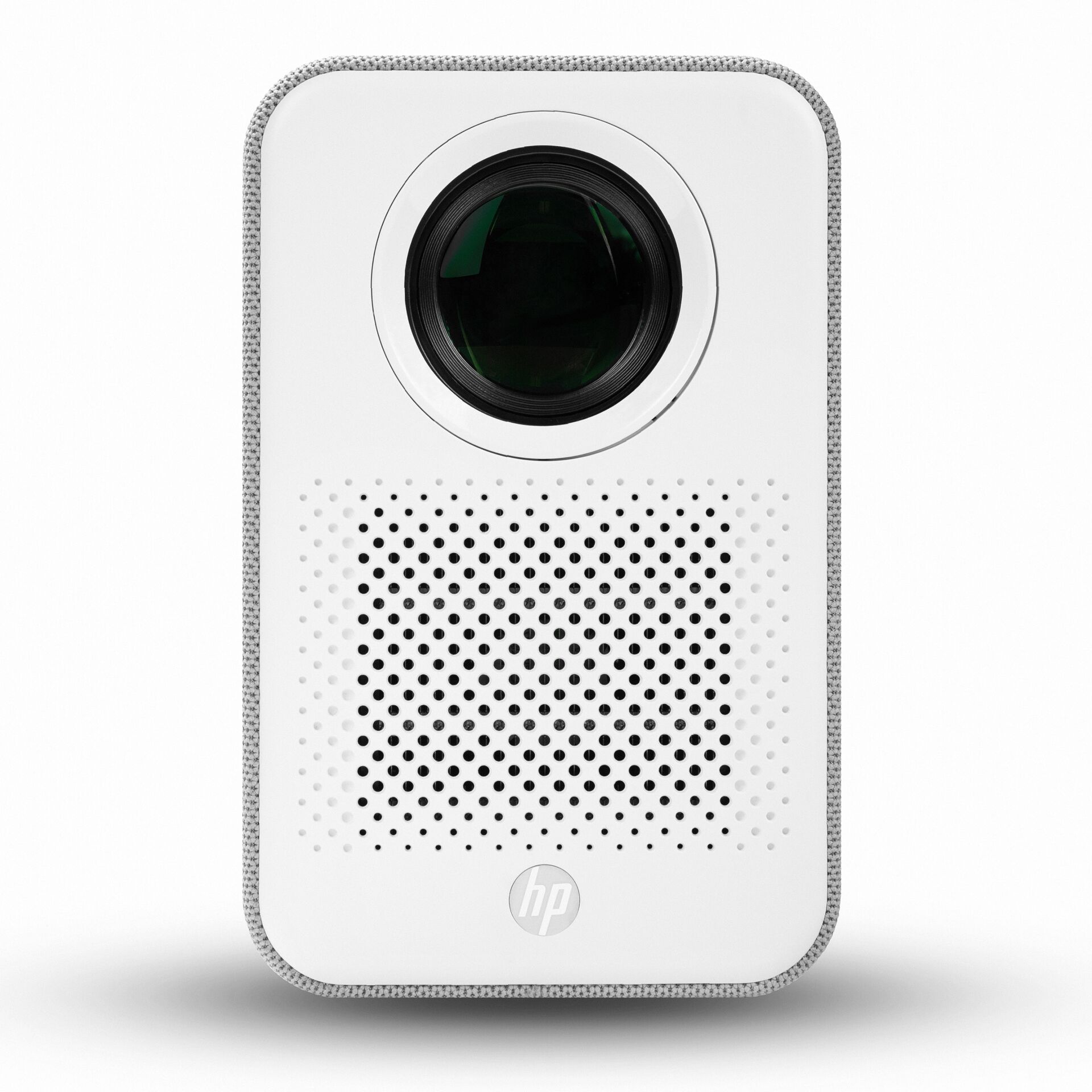 Projektor, Kompakt, Weiße Gehäuse, Lautsprecher-Gitter, HP Logo