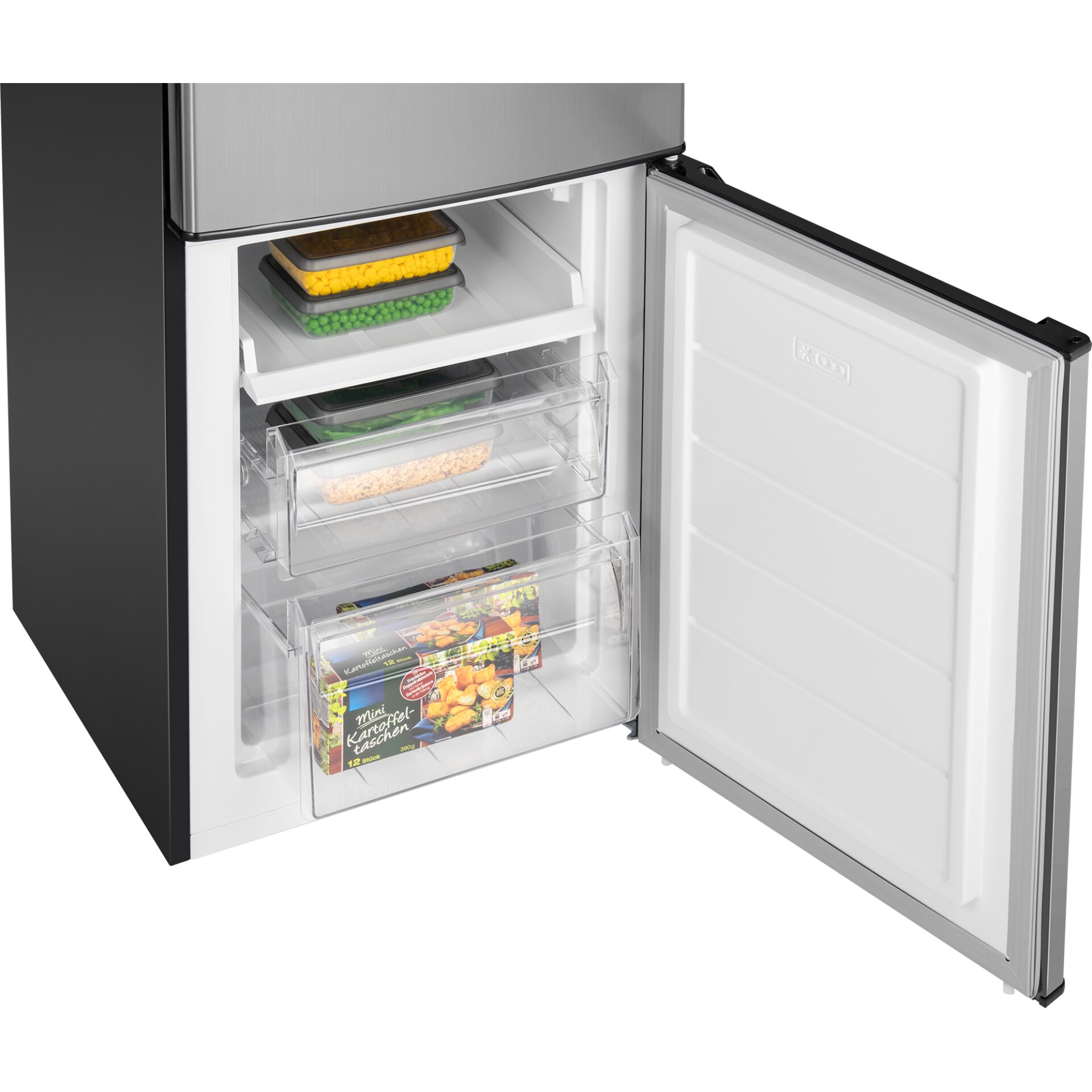 Gefrierschrank, Edelstahloptik, Transparente Schubladen, Schwarzes Gehäuse