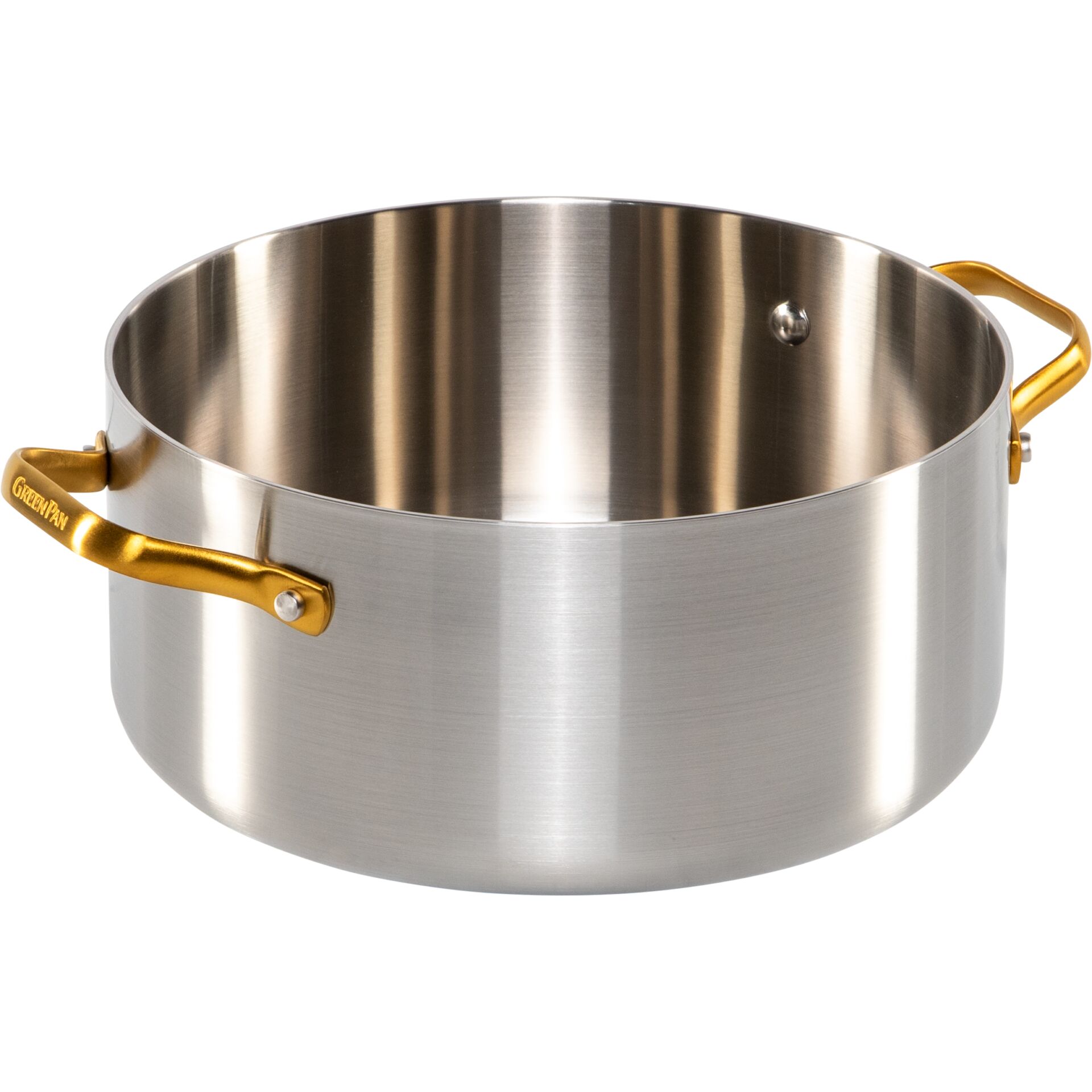 Topf, Kochtopf, Edelstahl, Edelstahltopf, goldene Griffe