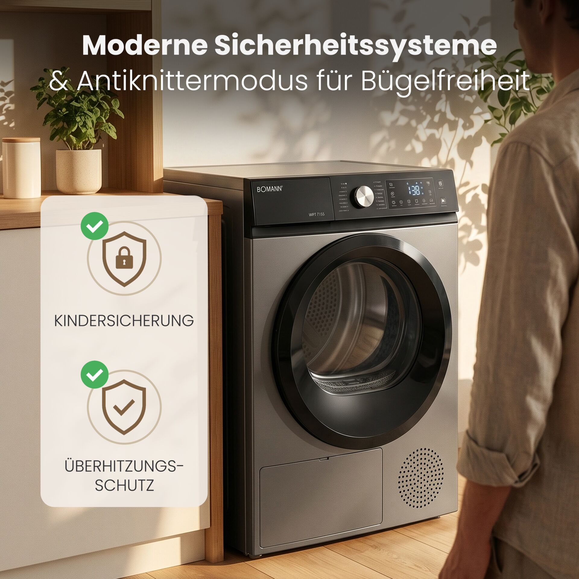 Wäschetrockner, Frontlader, Silberfarben, Knitterschutz, Kindersicherung