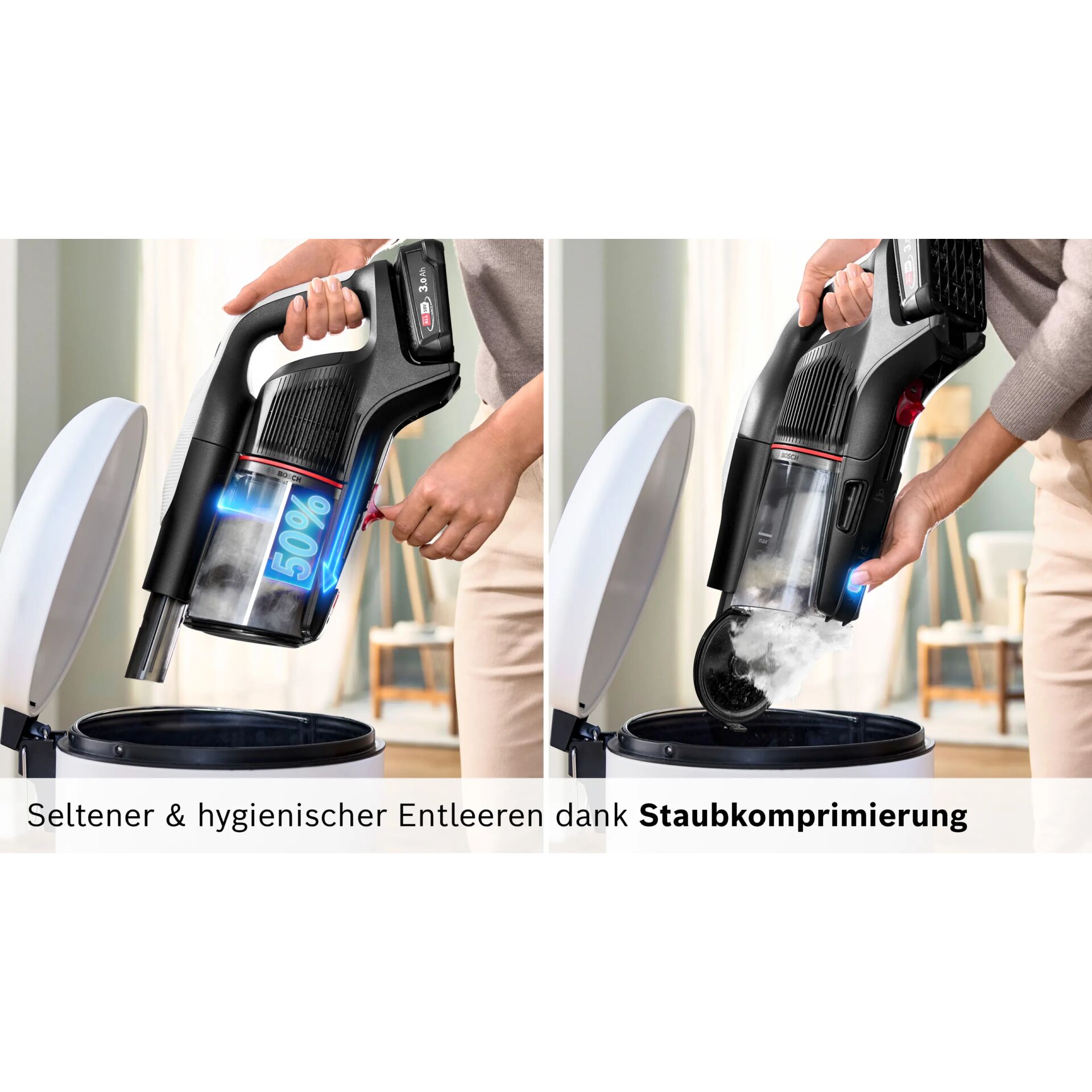 Staubsauger, Kordel Griffe, Saugbehälter transparent, 50% Akku, Entkehrungsfunktion