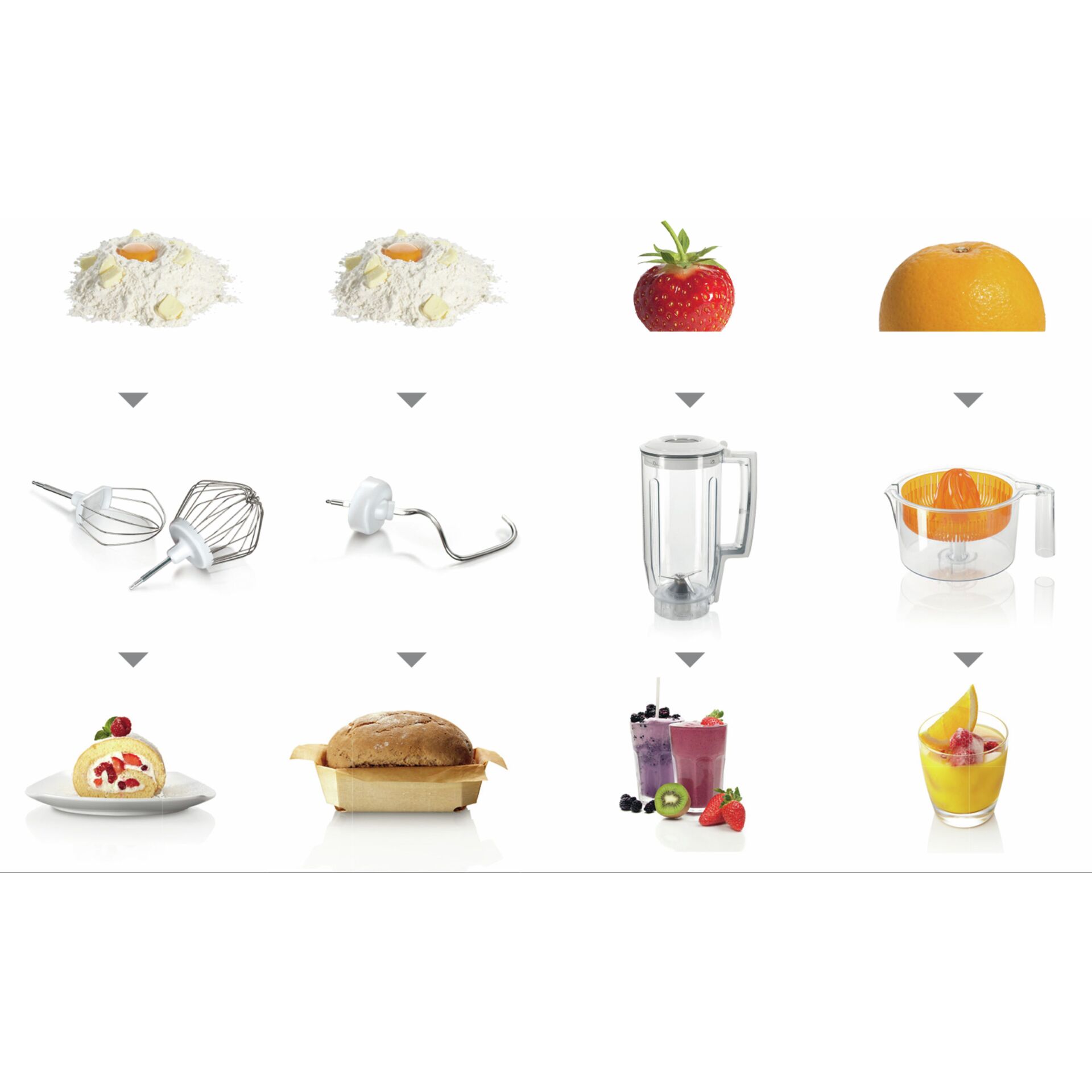 Mehl, Eier, Erdbeere, Orange, Küchenmaschine