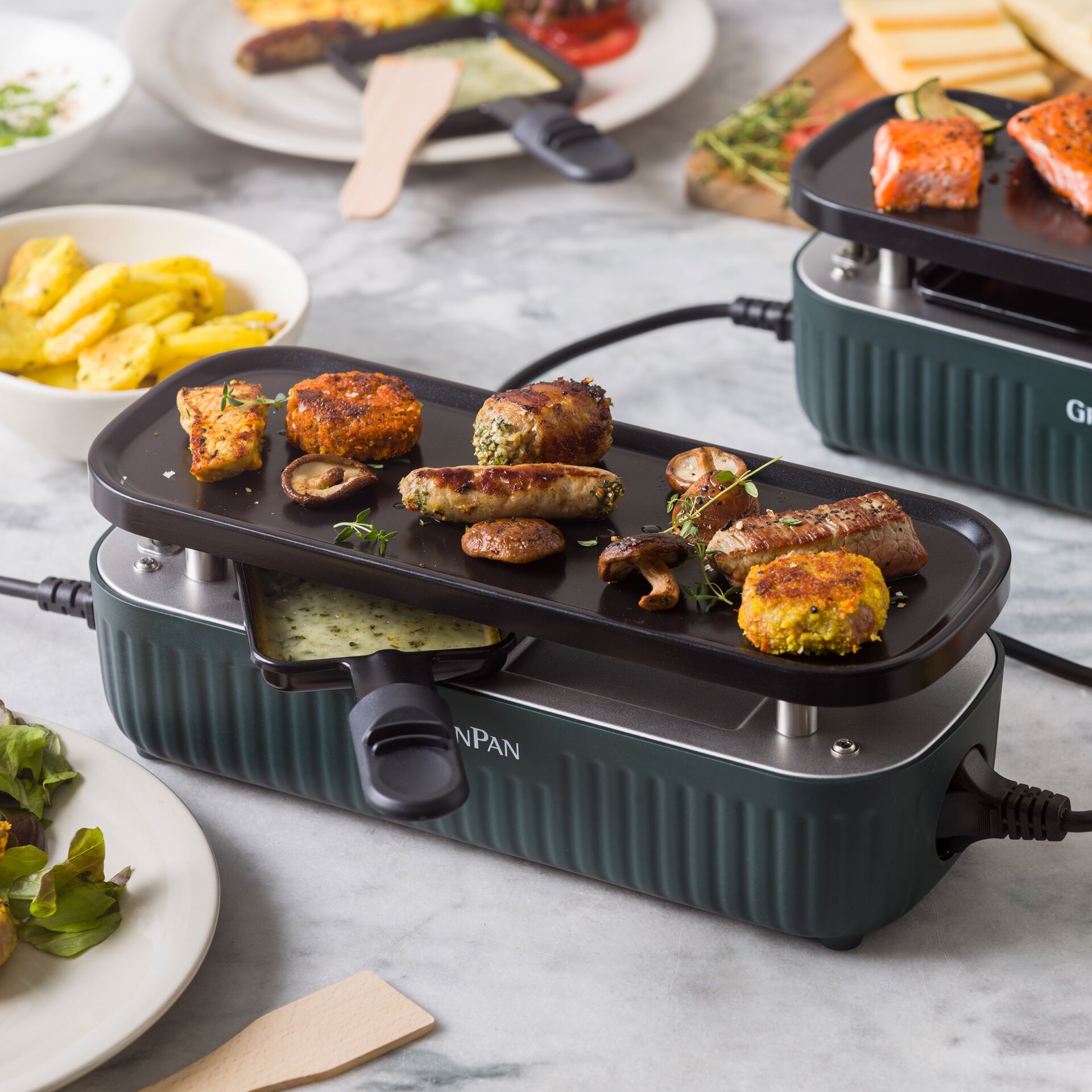 Raclette-Grill, Tischgrill, Elektrogrill, Grillplatte, Dunkelgrün