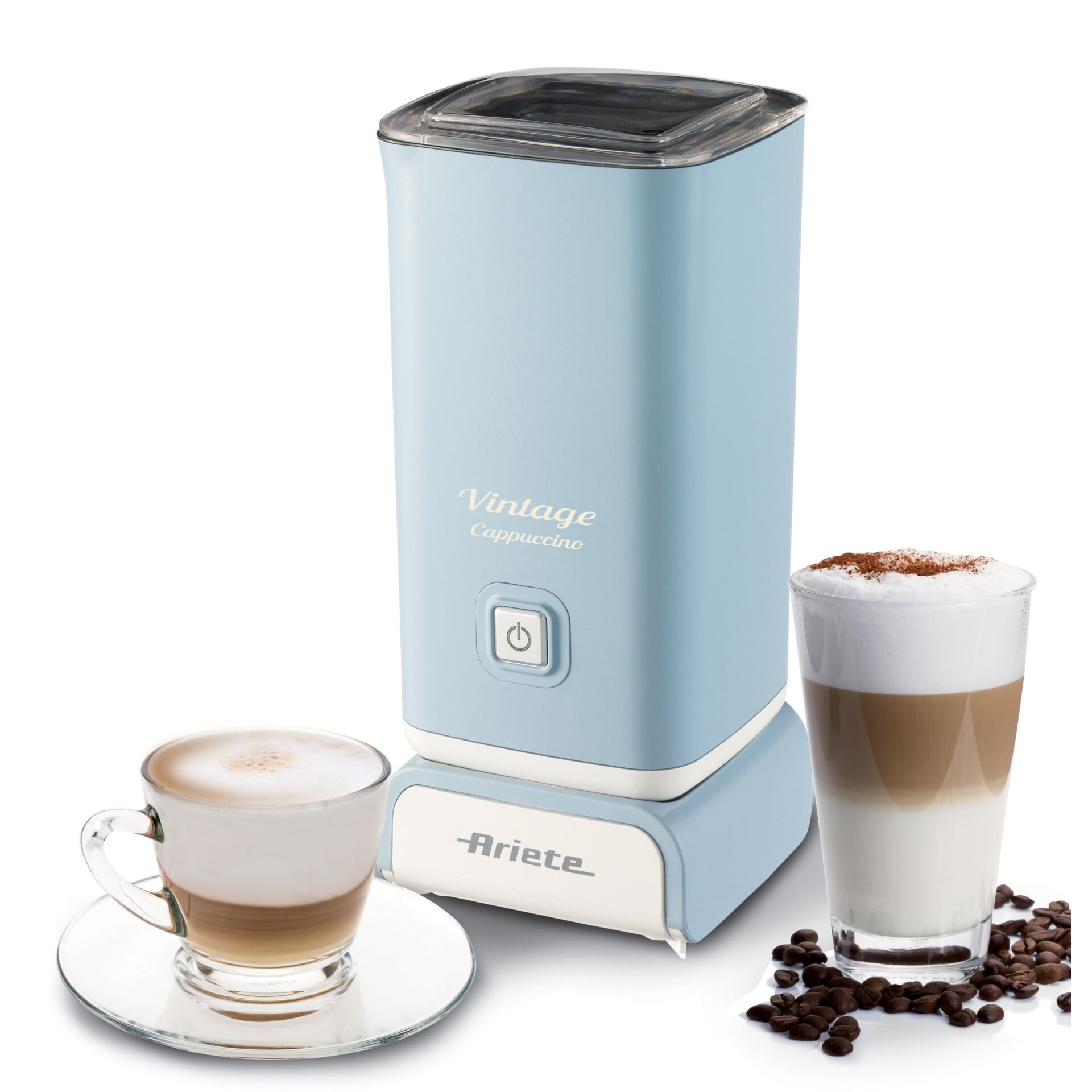 Milchaufschäumer, Cappuccino-Zubereiter, Hellblau, Elektrisch, Transparenter Deckel