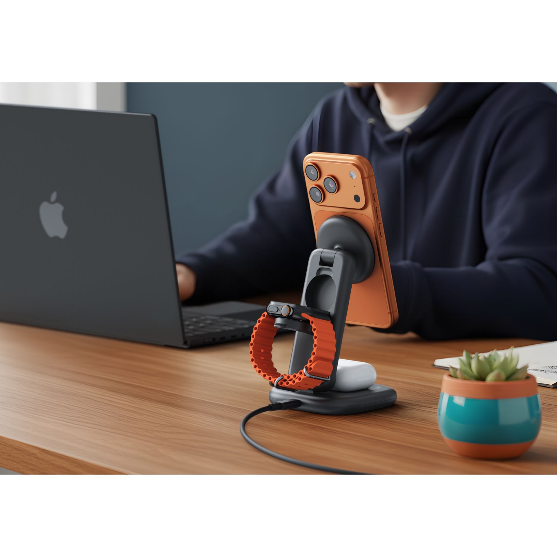 Telefonständer, Handyhaken, einfache Halterung, Orangene Telefonhülle, Schreibtisch-Setup