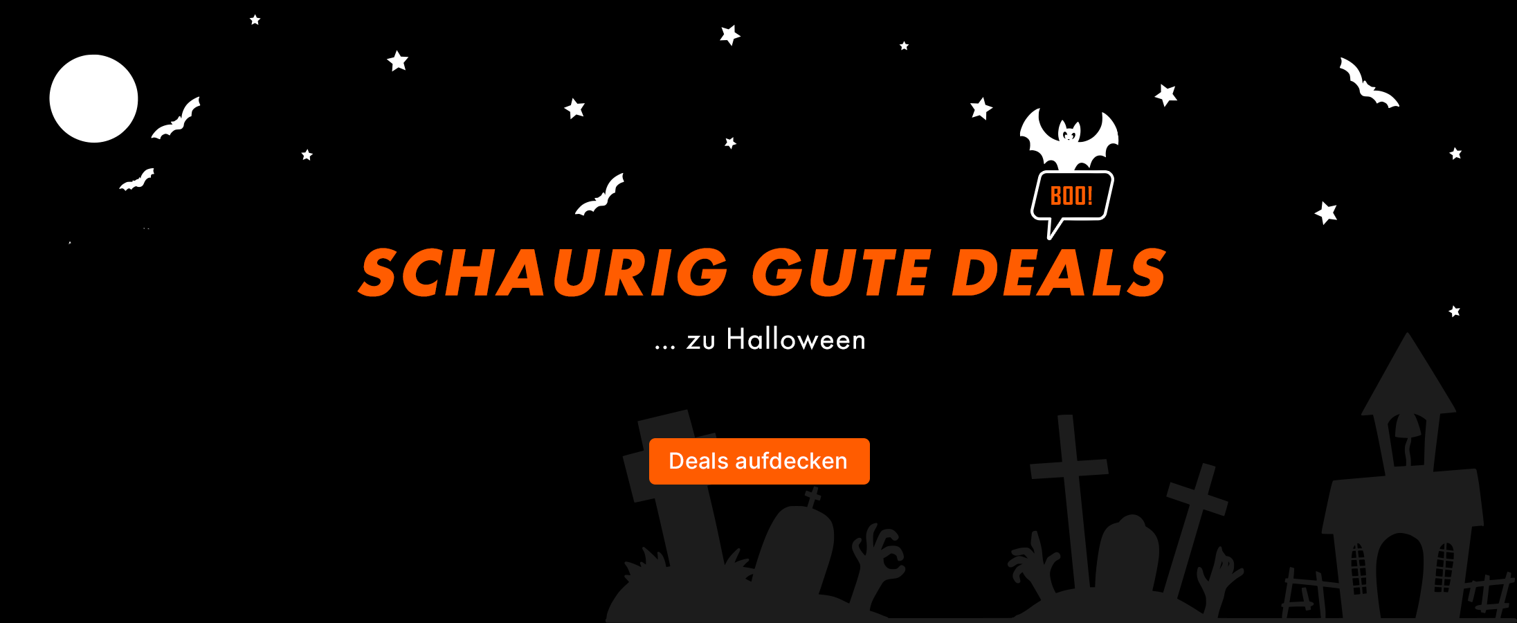 Halloween-Banner, schwarzer Hintergrund, orangefarbener Text, Fledermausmotiv, Grabsteinsilhouette