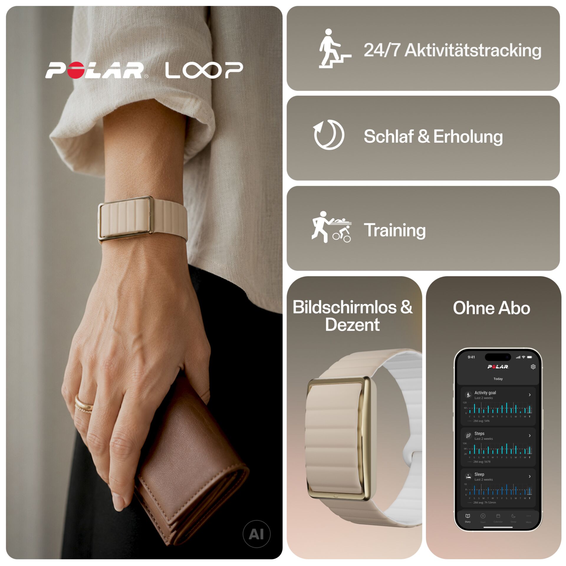 Aktivitätstracker, beiges Armband, Bildschirmlos, Schlaftracking, Trainingsaufzeichnung