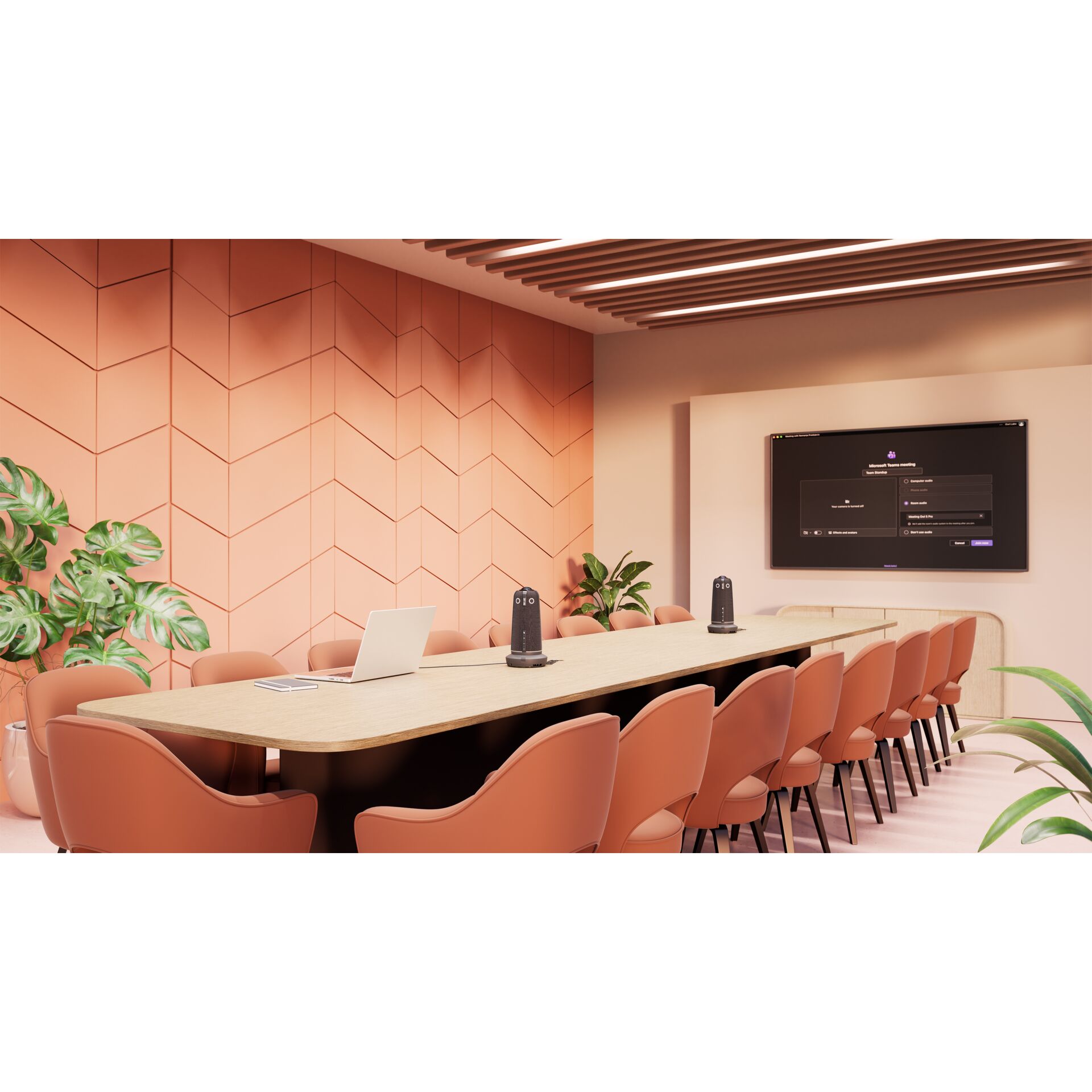 meeting room, conference room, großer tisch, rosa stuhl, präsentationsbildschirm