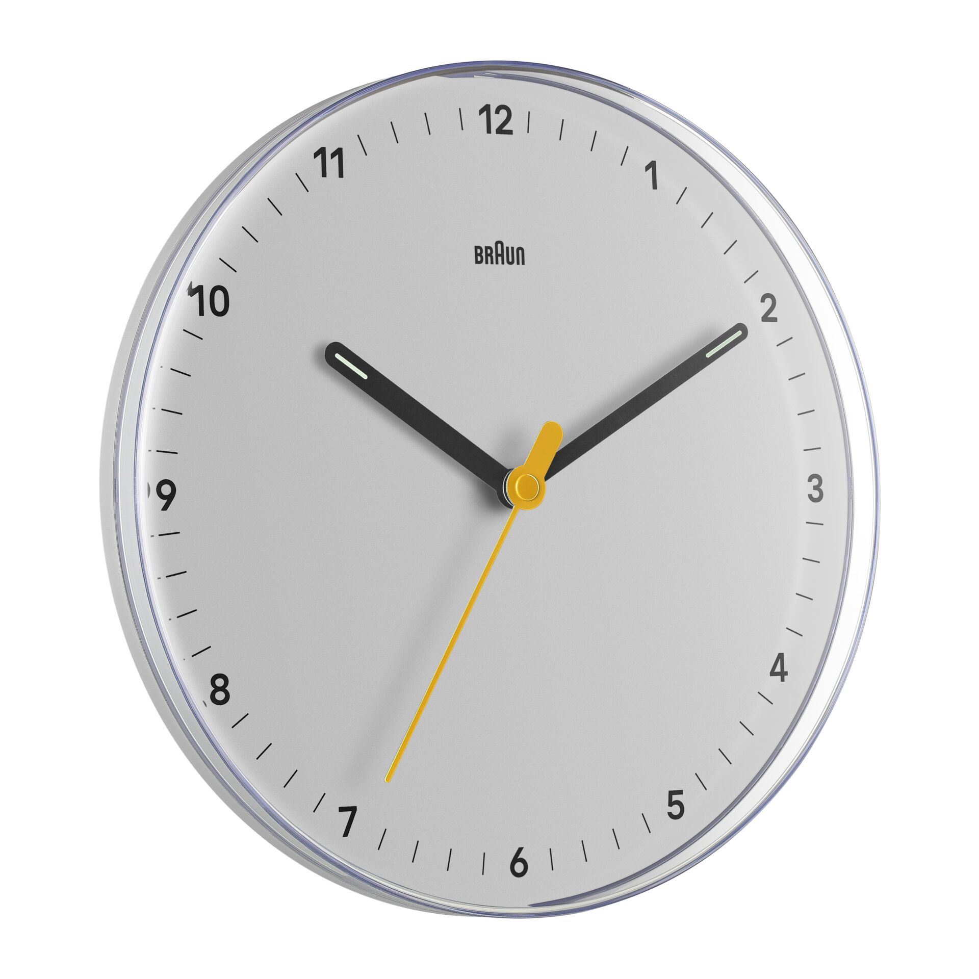 Wanduhr, Analoguhr, Braun, Silber, gelber Sekundenzeiger