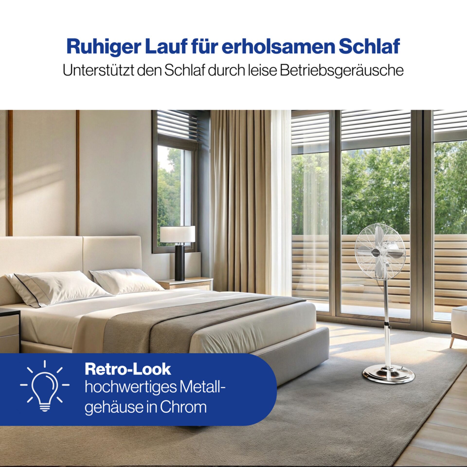 Schlafzimmer, Bettenraum, Decke, Ventilator, Chrom Metallgehäuse