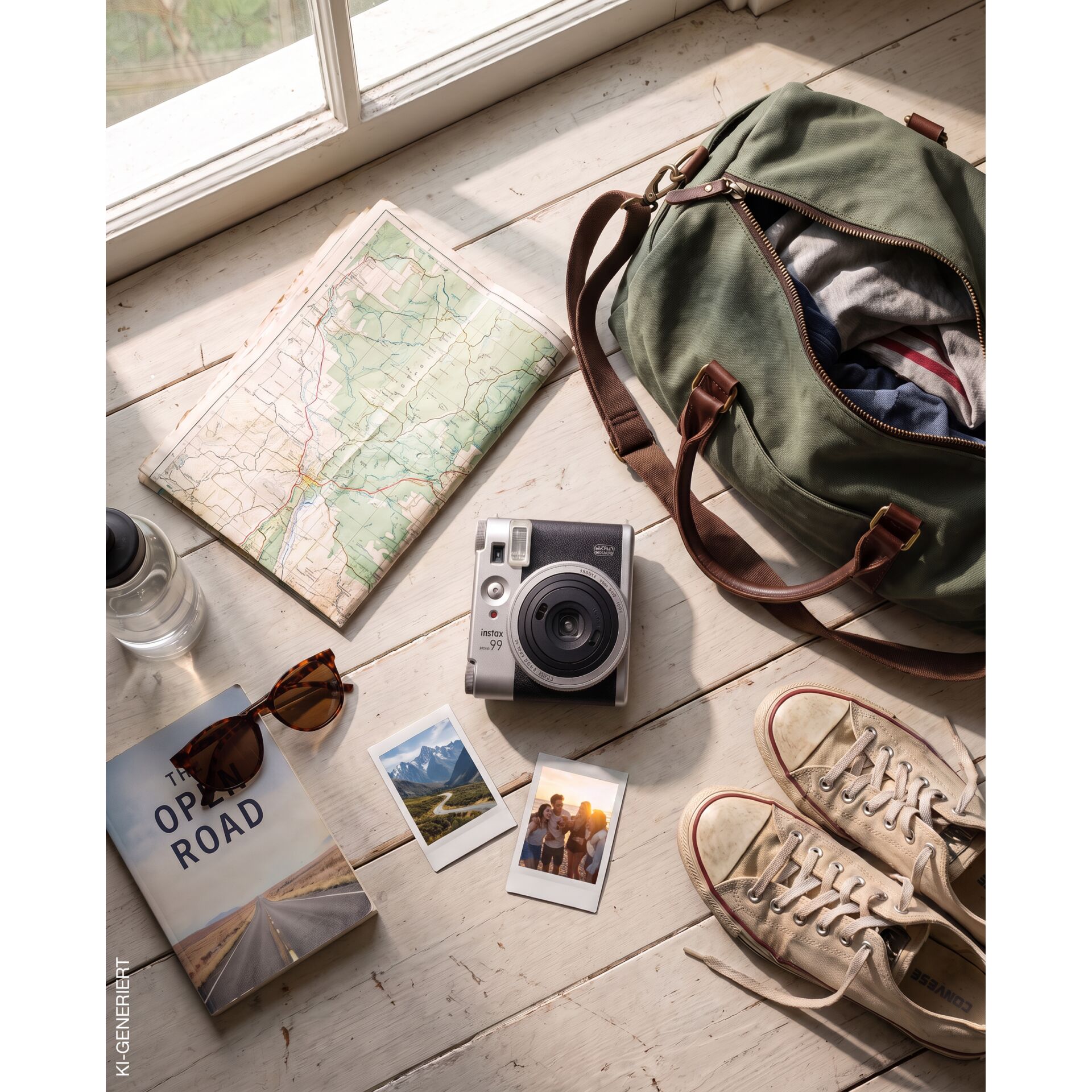 kamera, rucksack, landkarte, sonnenbrille, turnschuhe